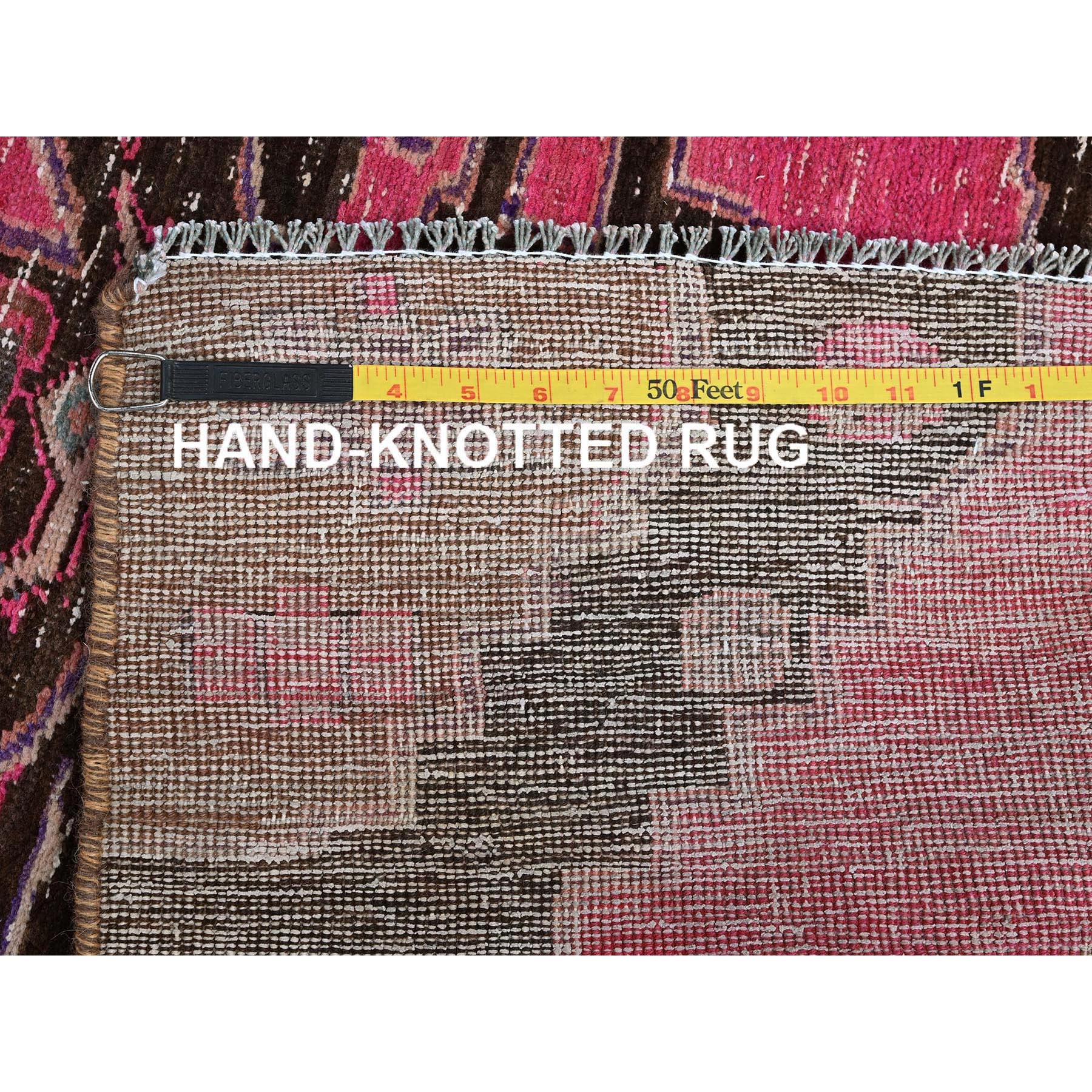3'x11'4" Hot Pink, Overdyed Vintage Persian Hamadan with Eagle Design, Worn and Distressed, Cropped Thin, Zero Pile, Sides and Ends Professionally Secured, Hand Knotted, 100% Wool, Runner, Oriental Rug Sh833