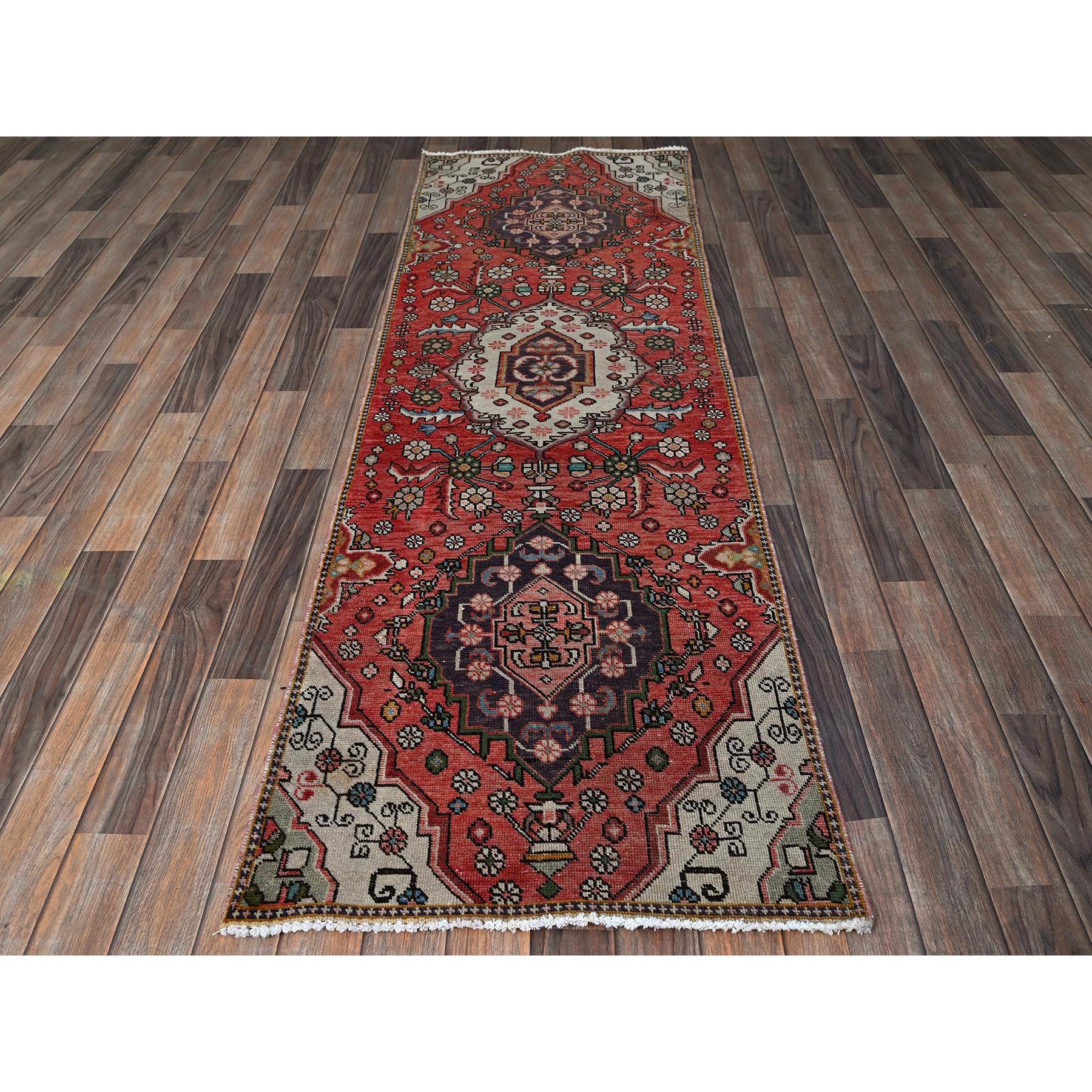 2'5"x7'6" Blush Red, Vintage Persian Tabriz with Tribal Medallions Design, Sheared Low, Zero Pile, Sides and Ends Professionally Secured, Hand Knotted, Pure Wool, Narrow Runner, Oriental Rug Sh834