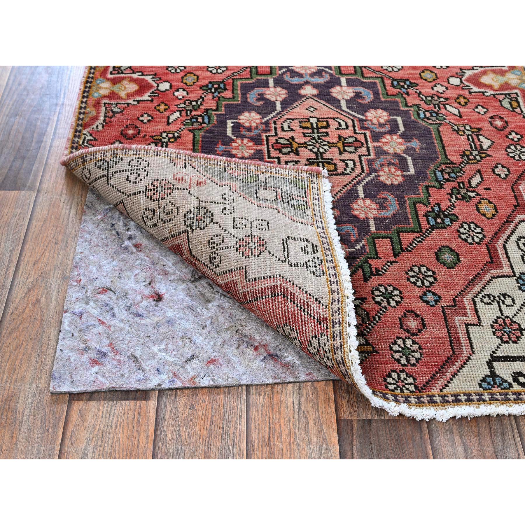 2'5"x7'6" Blush Red, Vintage Persian Tabriz with Tribal Medallions Design, Sheared Low, Zero Pile, Sides and Ends Professionally Secured, Hand Knotted, Pure Wool, Narrow Runner, Oriental Rug Sh834
