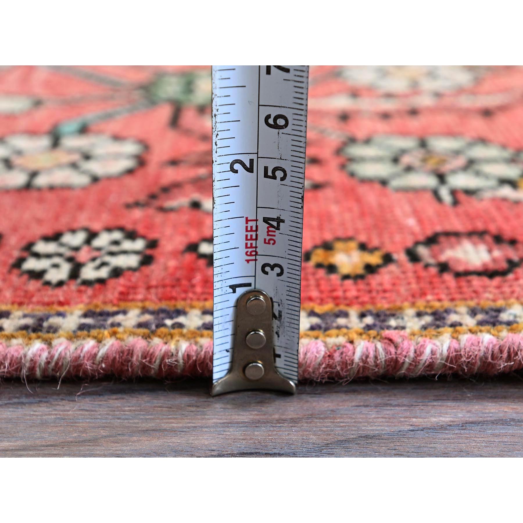 2'5"x7'6" Blush Red, Vintage Persian Tabriz with Tribal Medallions Design, Sheared Low, Zero Pile, Sides and Ends Professionally Secured, Hand Knotted, Pure Wool, Narrow Runner, Oriental Rug Sh834