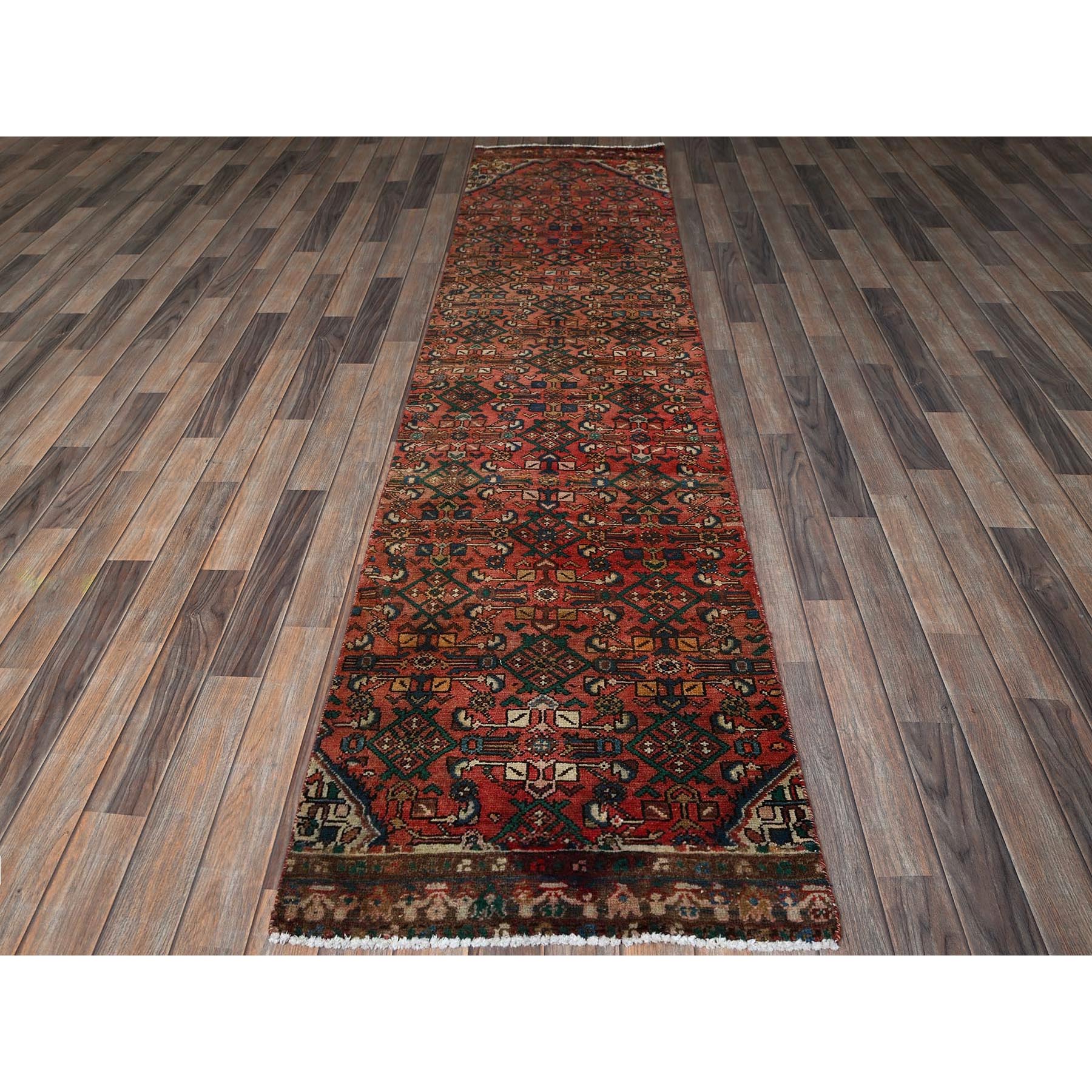 2'5"x9'4" Brick Red, Vintage Persian Hamadan with Distinct Abrash, Fish All Over Design, Stone Washed, Cropped Thin, Zero Pile, Sides and Ends Professionally Secured, Hand Knotted, Pure Wool, Narrow Runner, Oriental Rug Sh837