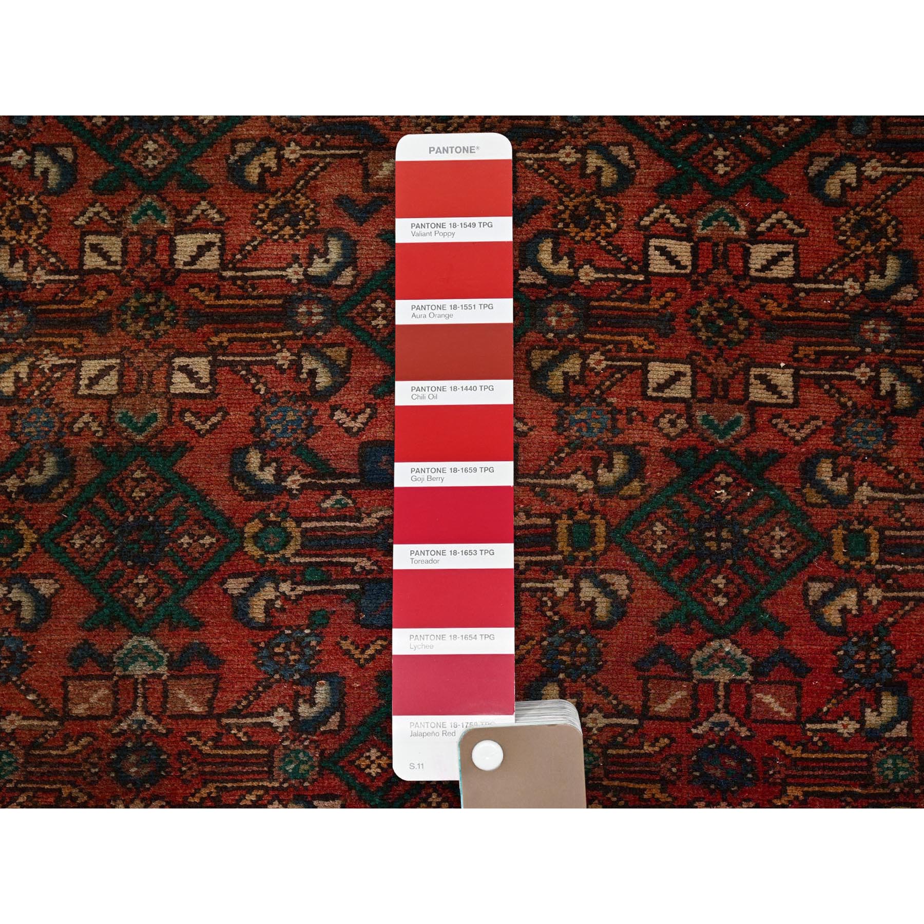 2'5"x9'4" Brick Red, Vintage Persian Hamadan with Distinct Abrash, Fish All Over Design, Stone Washed, Cropped Thin, Zero Pile, Sides and Ends Professionally Secured, Hand Knotted, Pure Wool, Narrow Runner, Oriental Rug Sh837