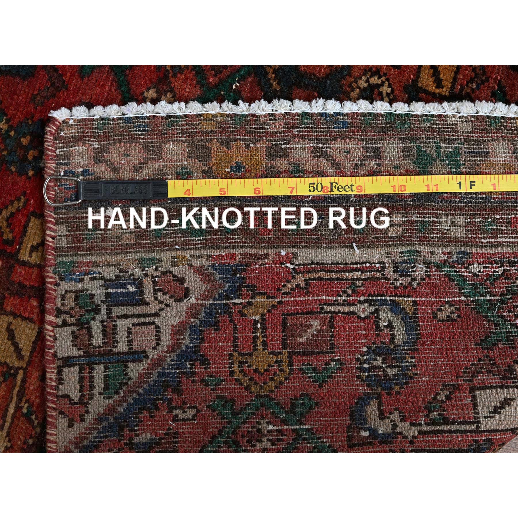 2'5"x9'4" Brick Red, Vintage Persian Hamadan with Distinct Abrash, Fish All Over Design, Stone Washed, Cropped Thin, Zero Pile, Sides and Ends Professionally Secured, Hand Knotted, Pure Wool, Narrow Runner, Oriental Rug Sh837