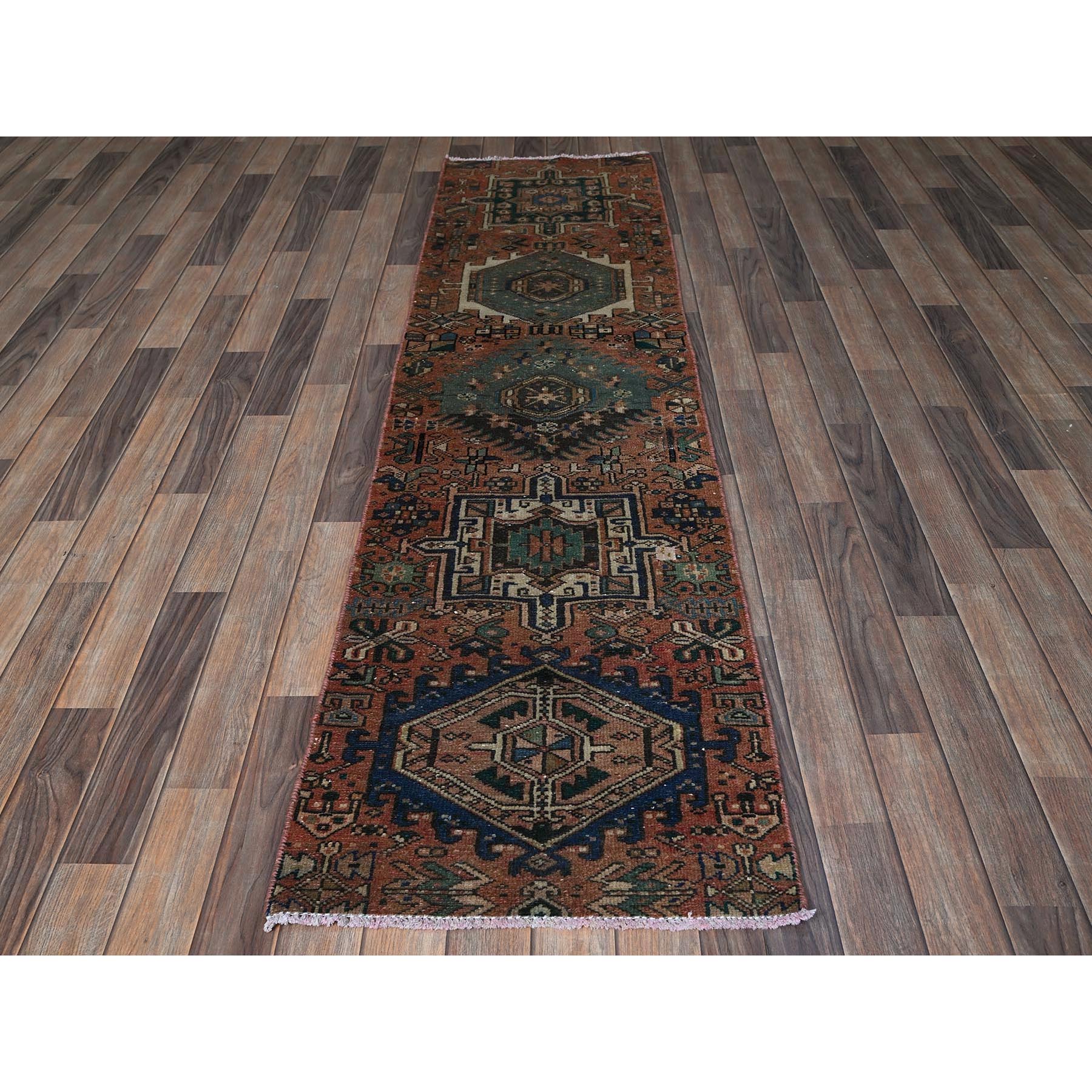 2'x7'9" Rust Red, Vintage Persian Karajeh Heriz with Geometric Medallions Design, Hand Knotted, 100% Wool, Distressed, Shaved Down, Zero Pile, Sides and Ends Professionally Secured, Narrow Runner, Oriental Rug Sh840