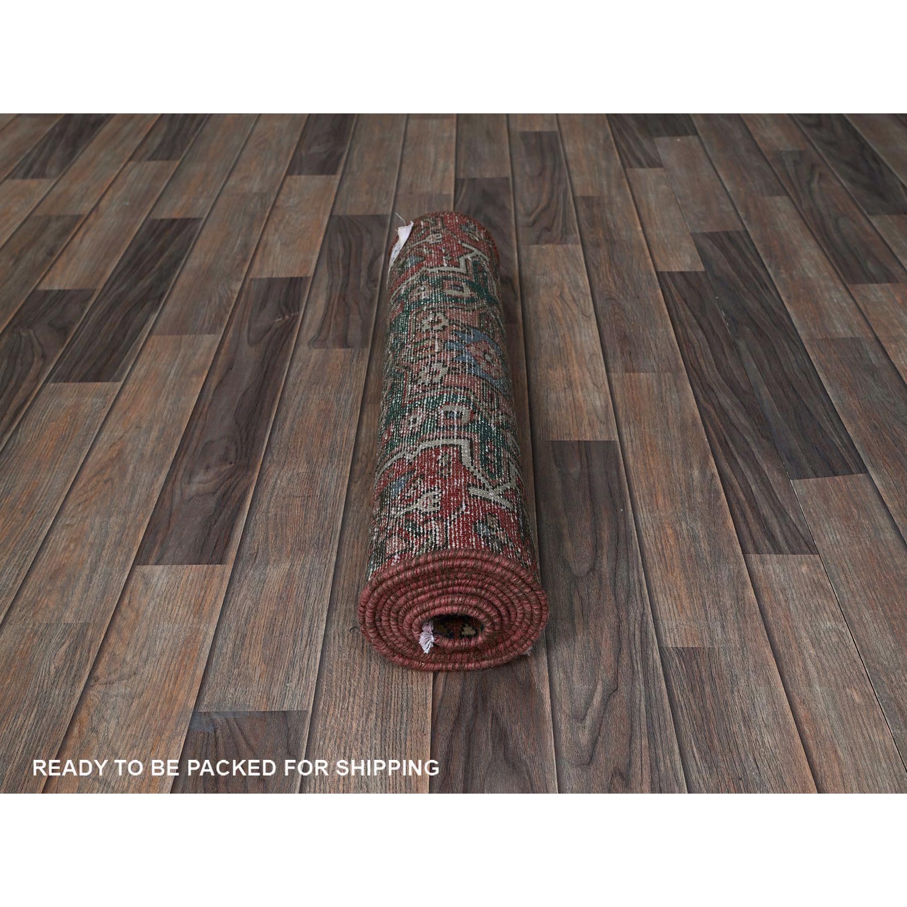 2'x7'9" Rust Red, Vintage Persian Karajeh Heriz with Geometric Medallions Design, Hand Knotted, 100% Wool, Distressed, Shaved Down, Zero Pile, Sides and Ends Professionally Secured, Narrow Runner, Oriental Rug Sh840