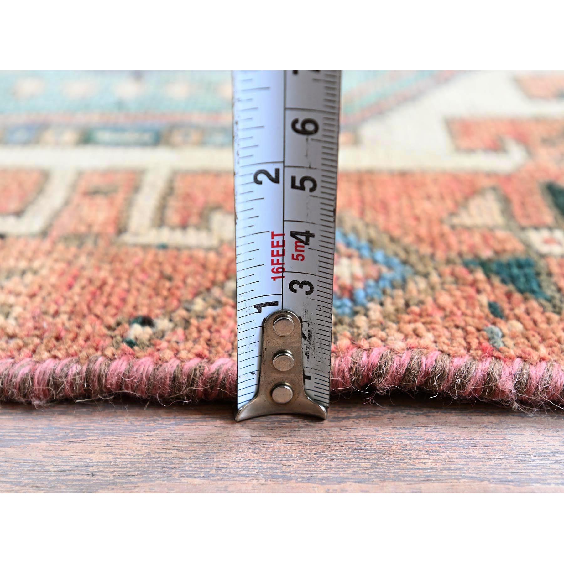 2'x7'9" Rust Red, Vintage Persian Karajeh Heriz with Geometric Medallions Design, Hand Knotted, 100% Wool, Distressed, Shaved Down, Zero Pile, Sides and Ends Professionally Secured, Narrow Runner, Oriental Rug Sh840