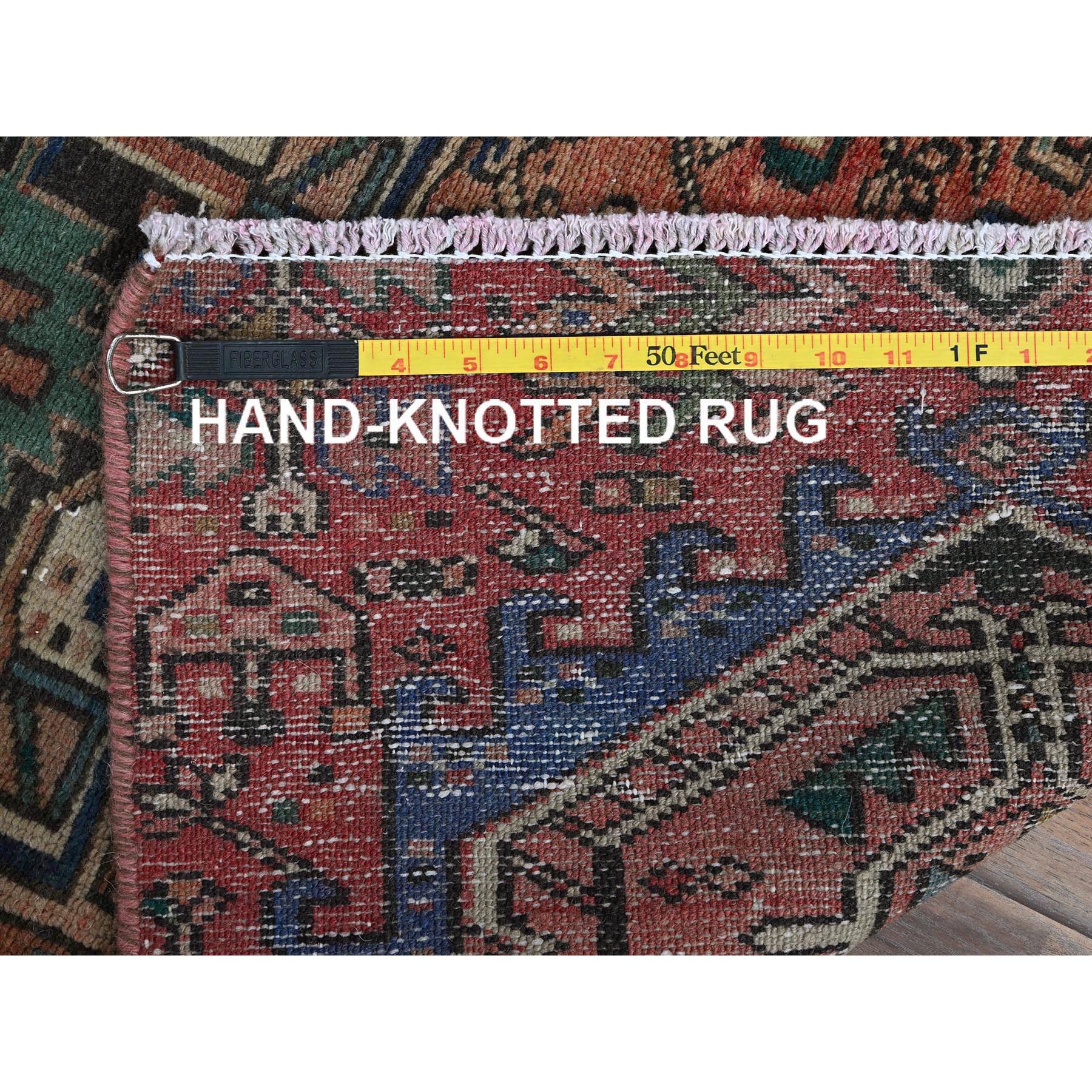 2'x7'9" Rust Red, Vintage Persian Karajeh Heriz with Geometric Medallions Design, Hand Knotted, 100% Wool, Distressed, Shaved Down, Zero Pile, Sides and Ends Professionally Secured, Narrow Runner, Oriental Rug Sh840