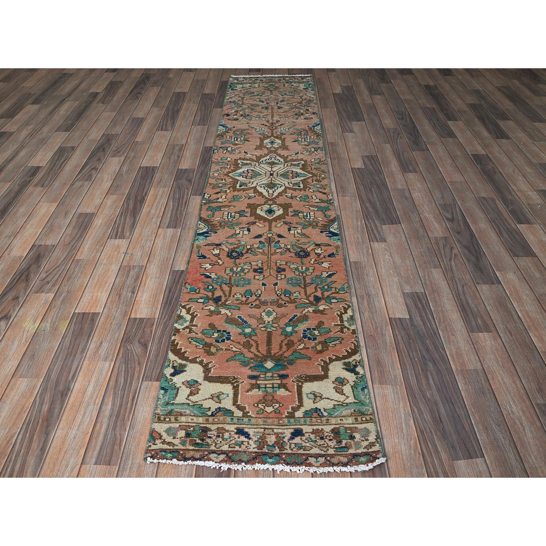 2'x9' Salmon Pink, Vintage Persian Heriz, Hand Knotted, 100% Wool, Sheared Low, Zero Pile, Good Condition, Sides and Ends Professionally Secured, Fragment, Narrow Runner, Oriental Rug Sh841