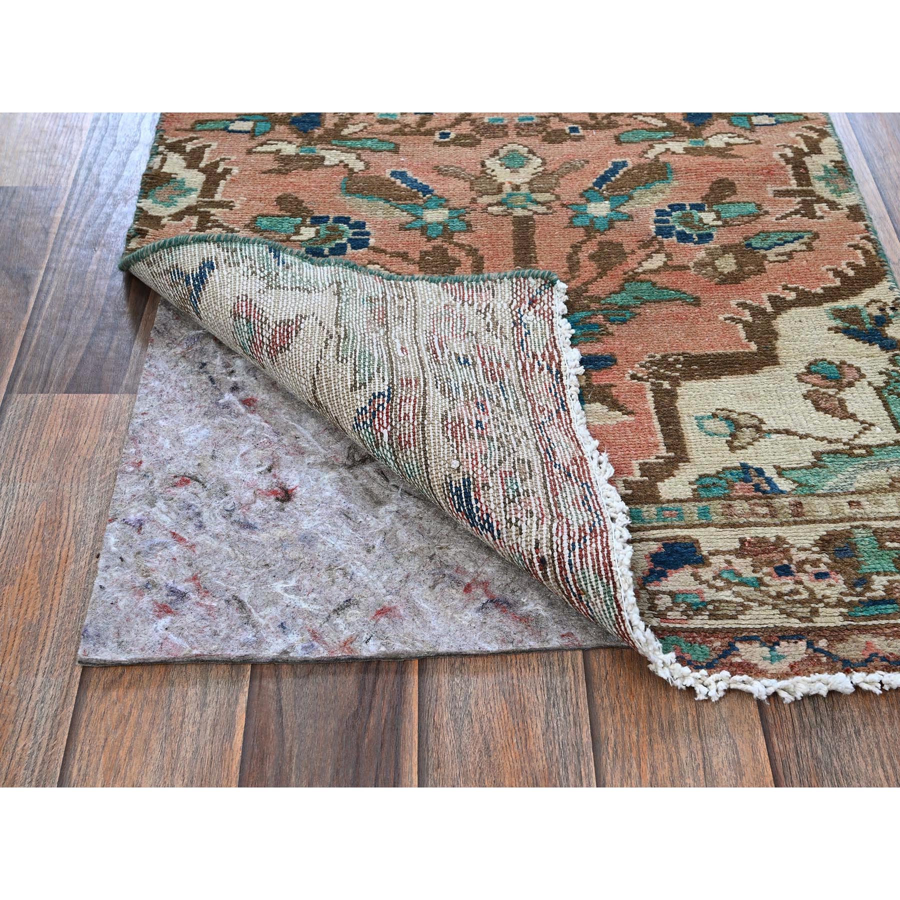 2'x9' Salmon Pink, Vintage Persian Heriz, Hand Knotted, 100% Wool, Sheared Low, Zero Pile, Good Condition, Sides and Ends Professionally Secured, Fragment, Narrow Runner, Oriental Rug Sh841