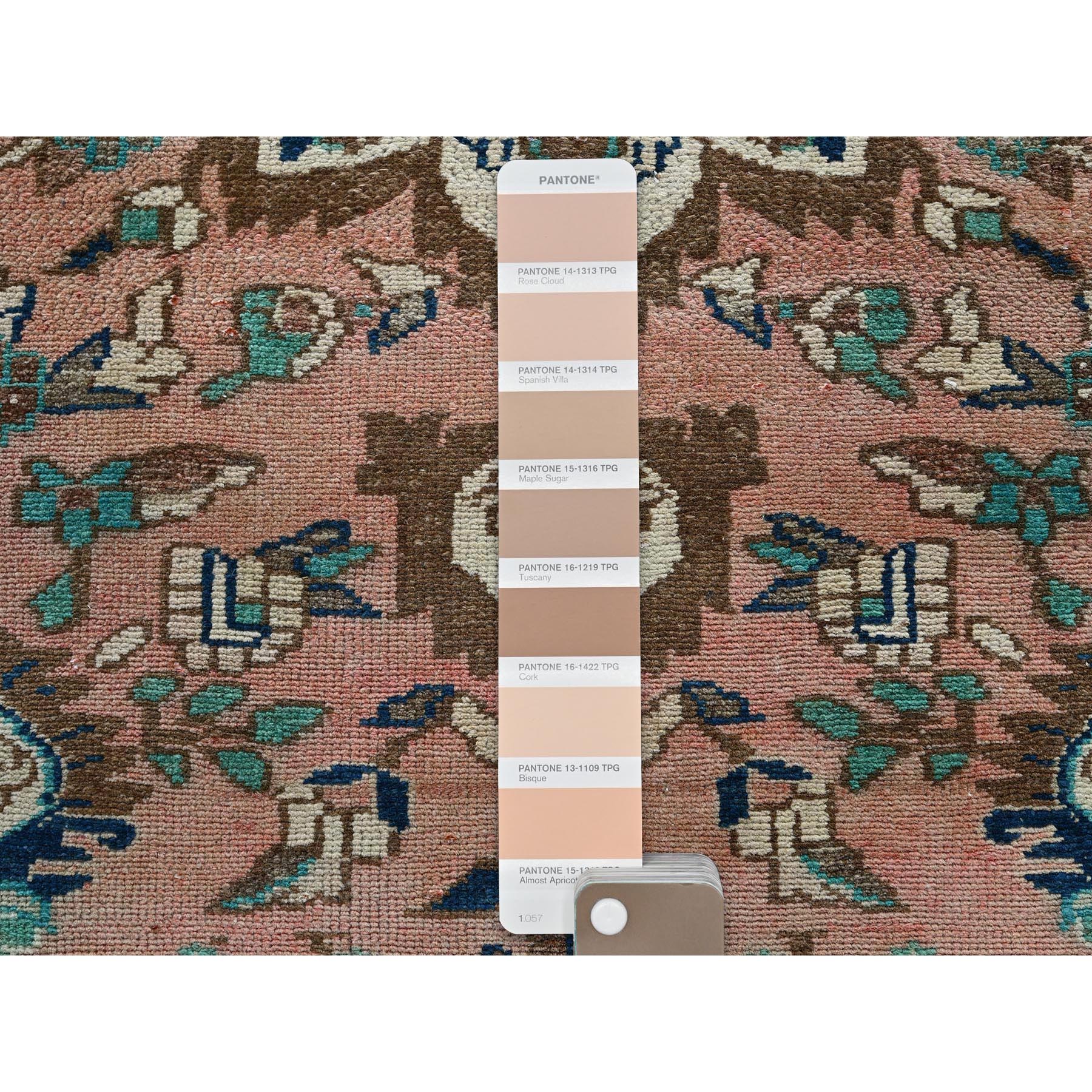 2'x9' Salmon Pink, Vintage Persian Heriz, Hand Knotted, 100% Wool, Sheared Low, Zero Pile, Good Condition, Sides and Ends Professionally Secured, Fragment, Narrow Runner, Oriental Rug Sh841