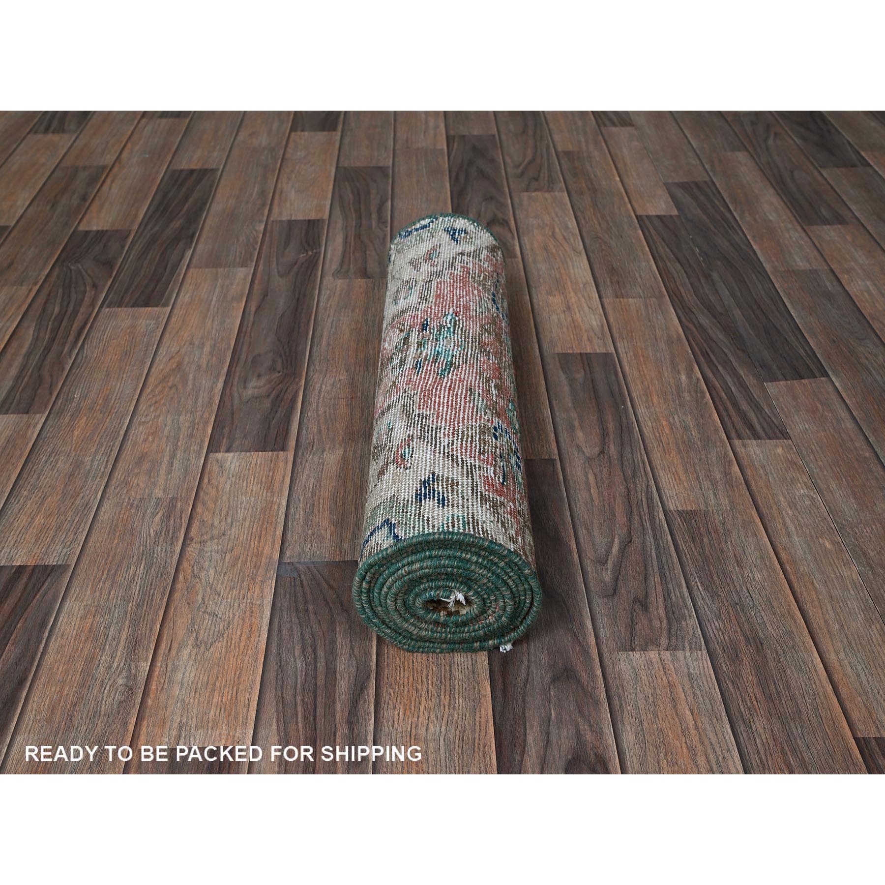 2'x9' Salmon Pink, Vintage Persian Heriz, Hand Knotted, 100% Wool, Sheared Low, Zero Pile, Good Condition, Sides and Ends Professionally Secured, Fragment, Narrow Runner, Oriental Rug Sh841