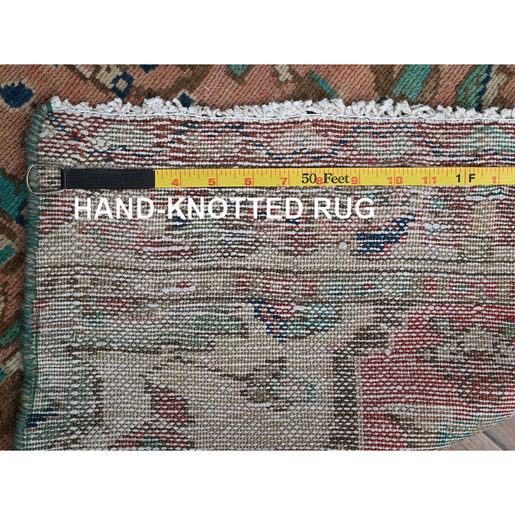 2'x9' Salmon Pink, Vintage Persian Heriz, Hand Knotted, 100% Wool, Sheared Low, Zero Pile, Good Condition, Sides and Ends Professionally Secured, Fragment, Narrow Runner, Oriental Rug Sh841