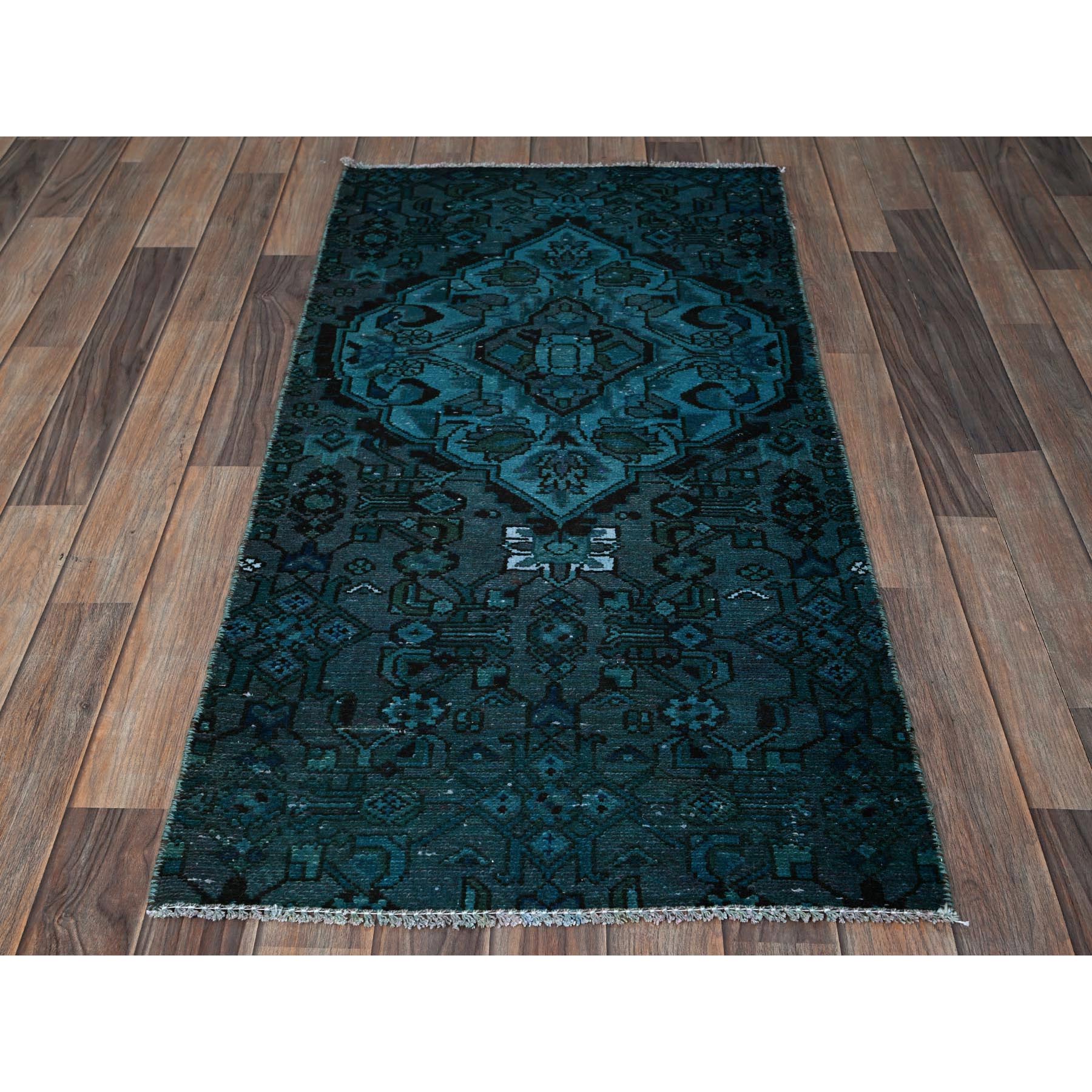 2'3"x4'5" Teal Overdyed, Vintage Persian Bakhtiar, Worn and Distressed, 100% Wool, Hand Knotted, Shaved Down, Zero Pile, Sides and Ends Professionally Secured, Fragment, Oriental Rug Sh844