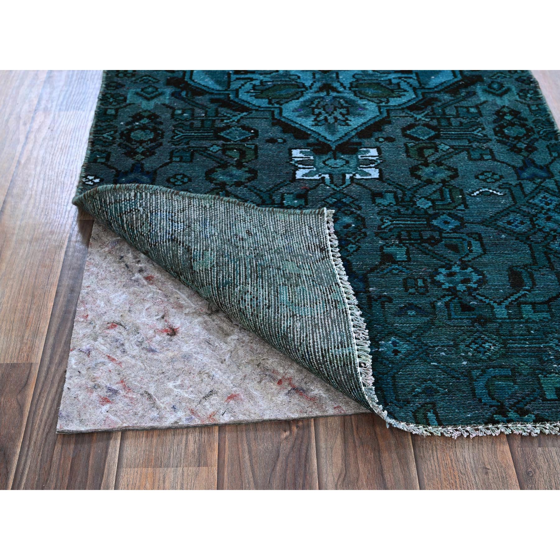 2'3"x4'5" Teal Overdyed, Vintage Persian Bakhtiar, Worn and Distressed, 100% Wool, Hand Knotted, Shaved Down, Zero Pile, Sides and Ends Professionally Secured, Fragment, Oriental Rug Sh844