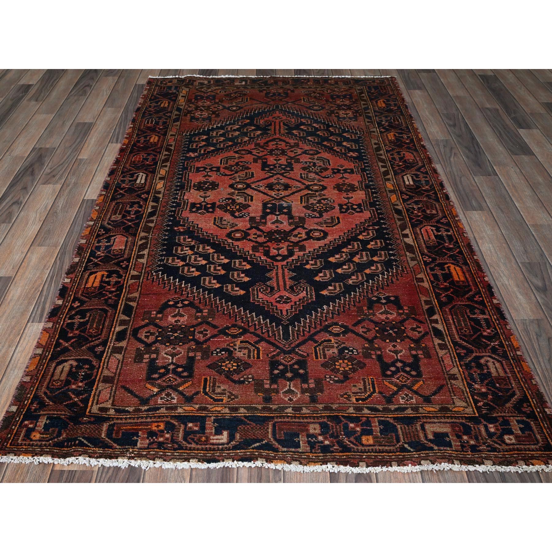 4'1"x6'9" Blush Red, Vintage Persian Hamadan with Geometric Design, Shaved Down, Zero Pile, Sides and Ends Professionally Secured, Evenly Worn, Hand Knotted, 100% Wool, Oriental Rug Sh848
