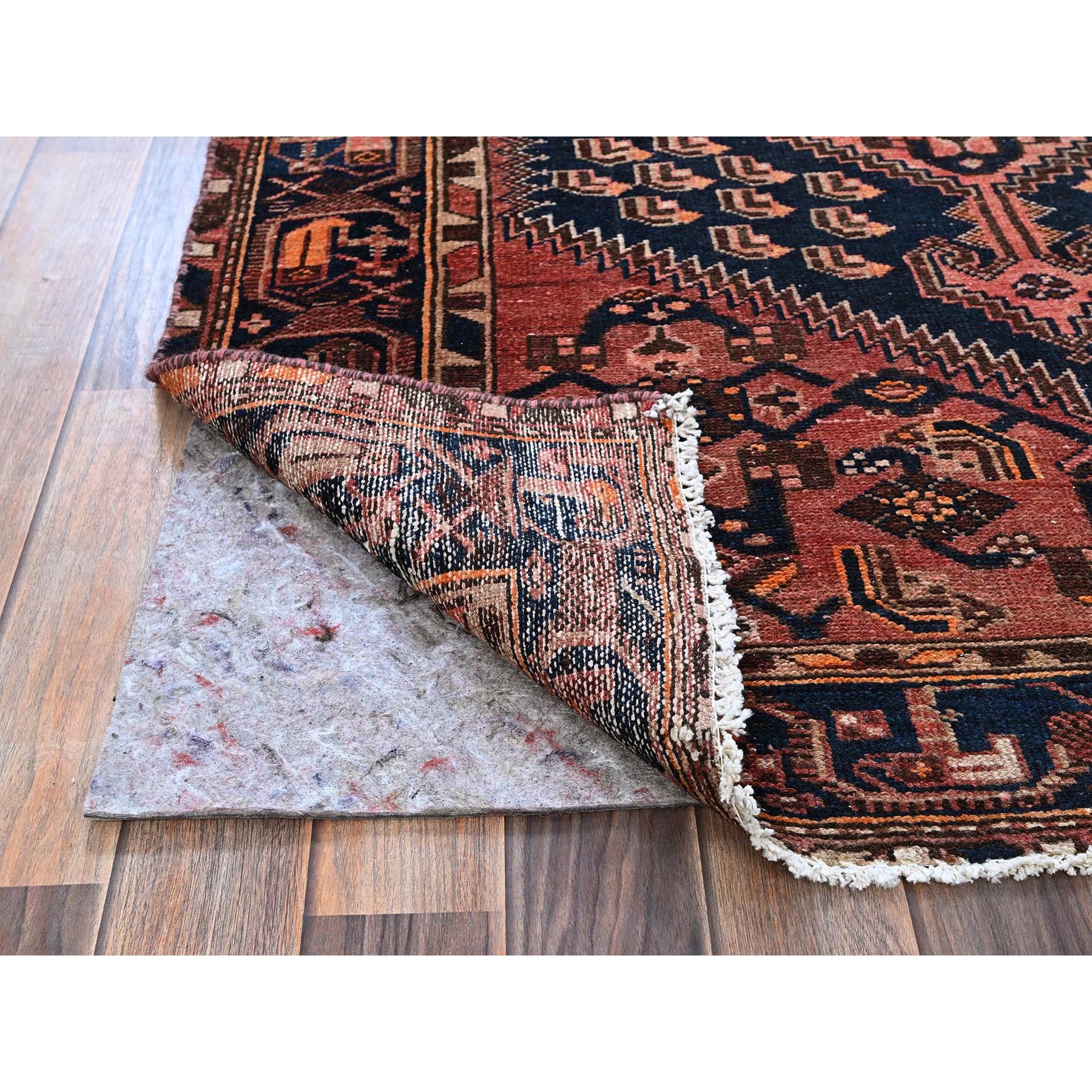 4'1"x6'9" Blush Red, Vintage Persian Hamadan with Geometric Design, Shaved Down, Zero Pile, Sides and Ends Professionally Secured, Evenly Worn, Hand Knotted, 100% Wool, Oriental Rug Sh848