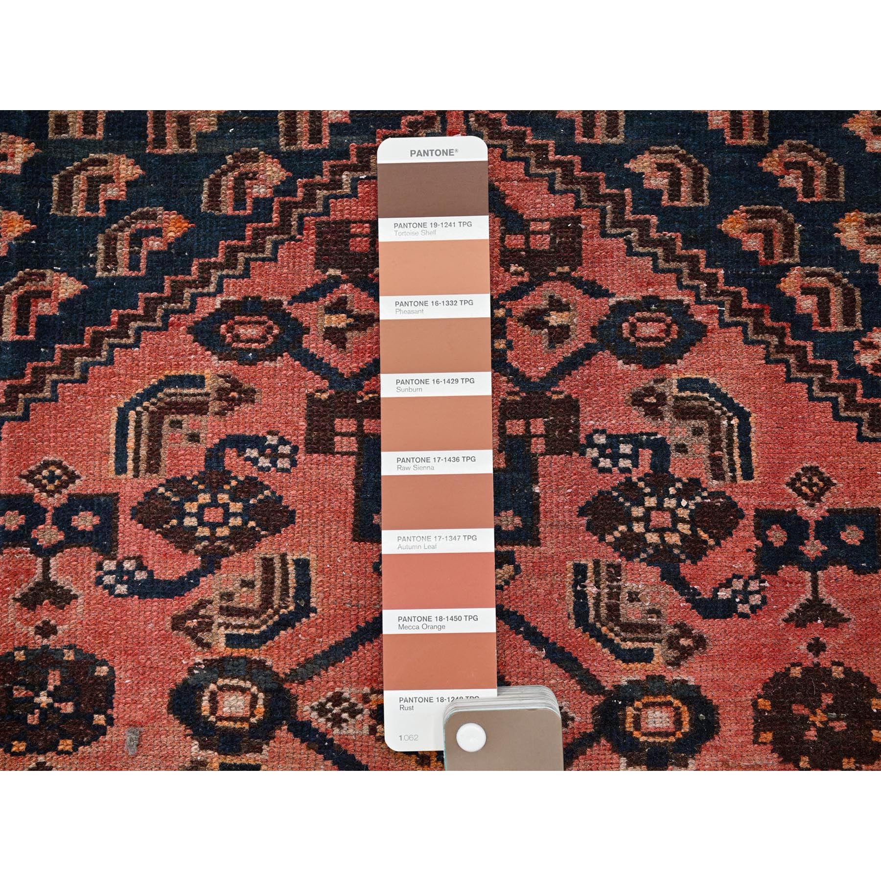 4'1"x6'9" Blush Red, Vintage Persian Hamadan with Geometric Design, Shaved Down, Zero Pile, Sides and Ends Professionally Secured, Evenly Worn, Hand Knotted, 100% Wool, Oriental Rug Sh848