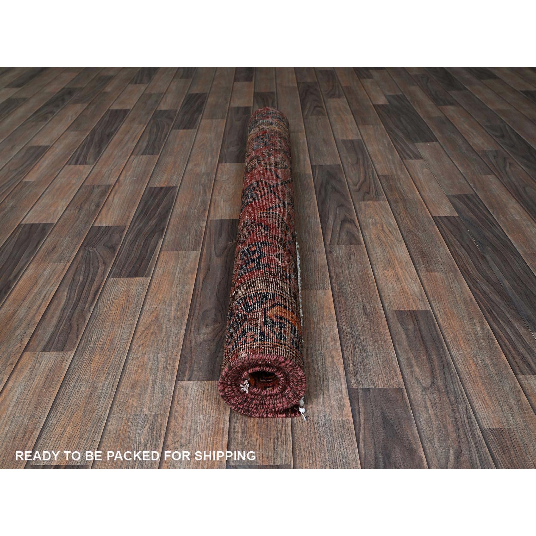4'1"x6'9" Blush Red, Vintage Persian Hamadan with Geometric Design, Shaved Down, Zero Pile, Sides and Ends Professionally Secured, Evenly Worn, Hand Knotted, 100% Wool, Oriental Rug Sh848