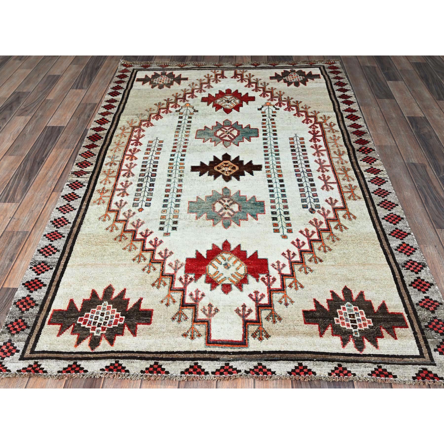 4'2"x6'7" Vintage Persian Shiraz with Rare Ivory Color Background, Geometric Pattern, Hand Knotted, Pure Wool, Shaved Down, Zero Pile, Sides and Ends Professionally Secured, Clean, Oriental Rug Sh849