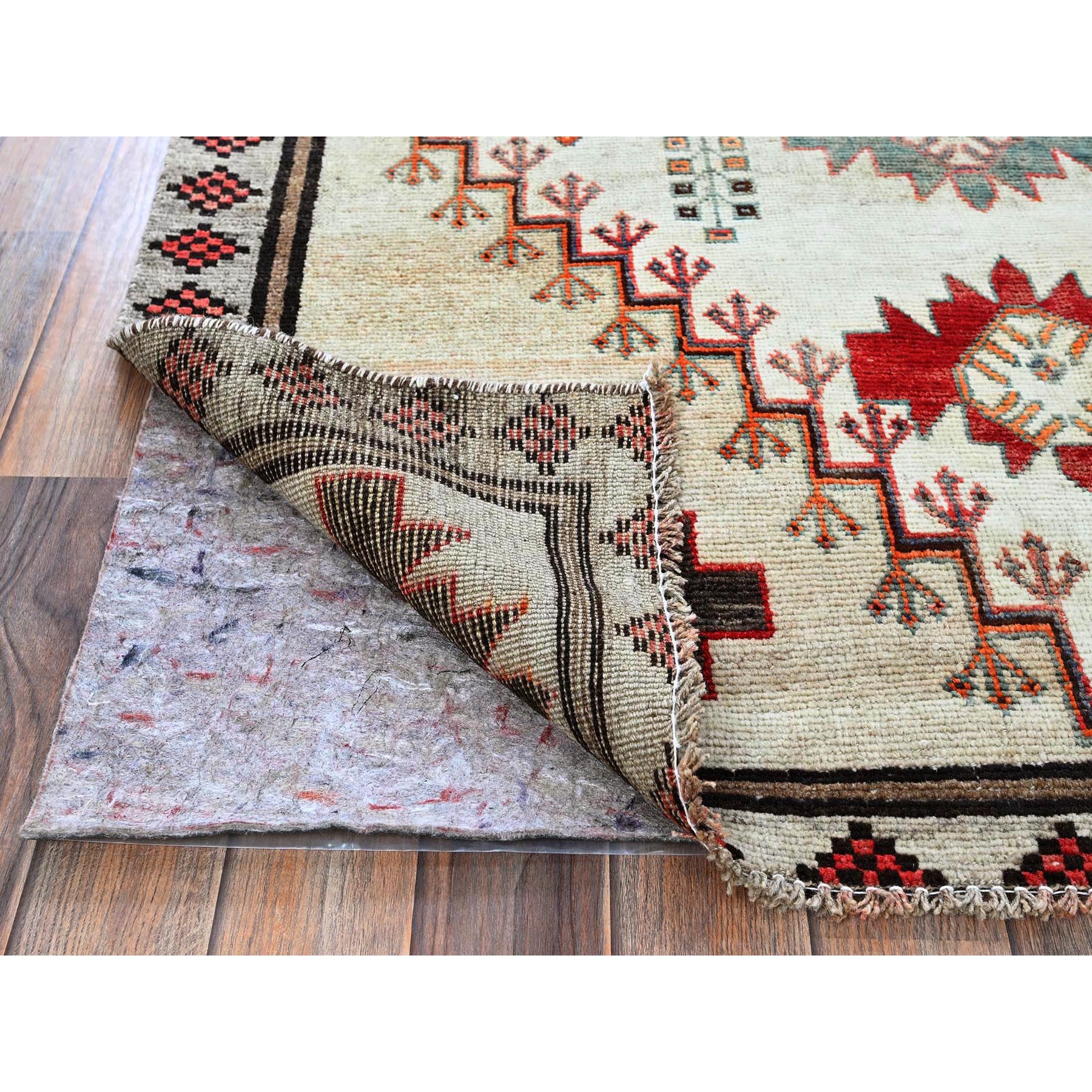 4'2"x6'7" Vintage Persian Shiraz with Rare Ivory Color Background, Geometric Pattern, Hand Knotted, Pure Wool, Shaved Down, Zero Pile, Sides and Ends Professionally Secured, Clean, Oriental Rug Sh849
