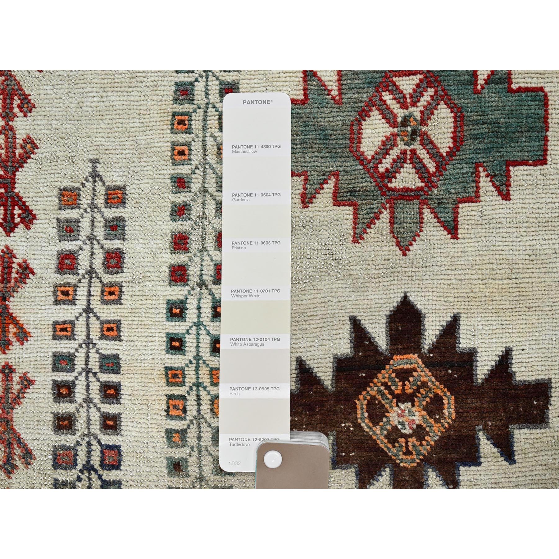 4'2"x6'7" Vintage Persian Shiraz with Rare Ivory Color Background, Geometric Pattern, Hand Knotted, Pure Wool, Shaved Down, Zero Pile, Sides and Ends Professionally Secured, Clean, Oriental Rug Sh849