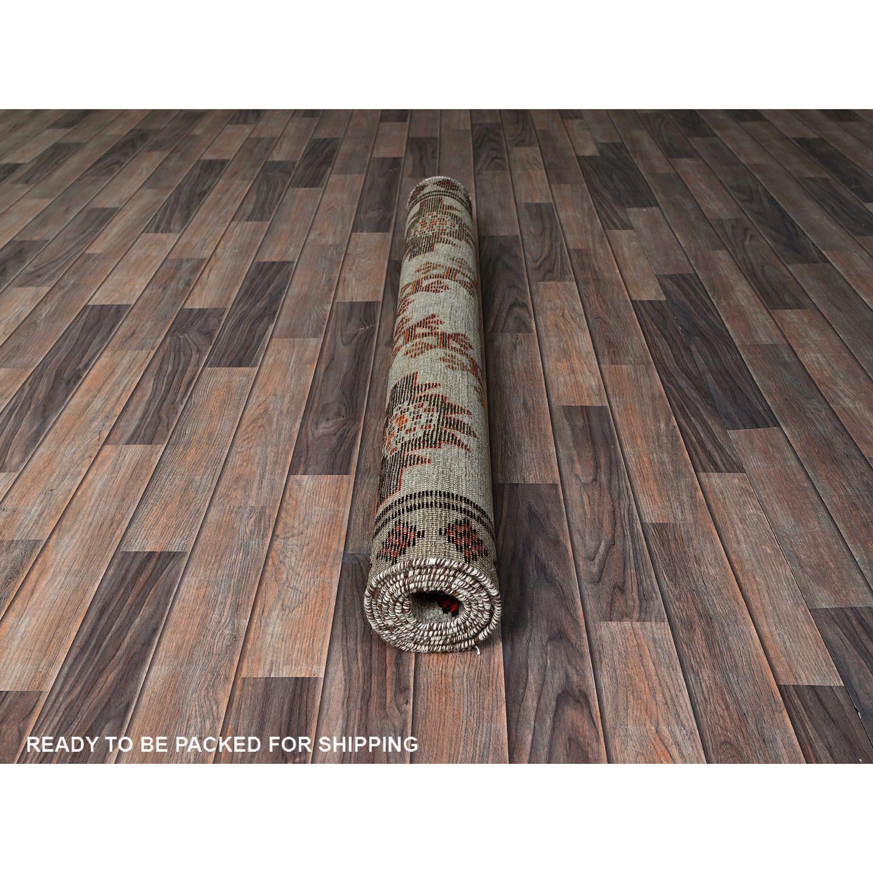 4'2"x6'7" Vintage Persian Shiraz with Rare Ivory Color Background, Geometric Pattern, Hand Knotted, Pure Wool, Shaved Down, Zero Pile, Sides and Ends Professionally Secured, Clean, Oriental Rug Sh849