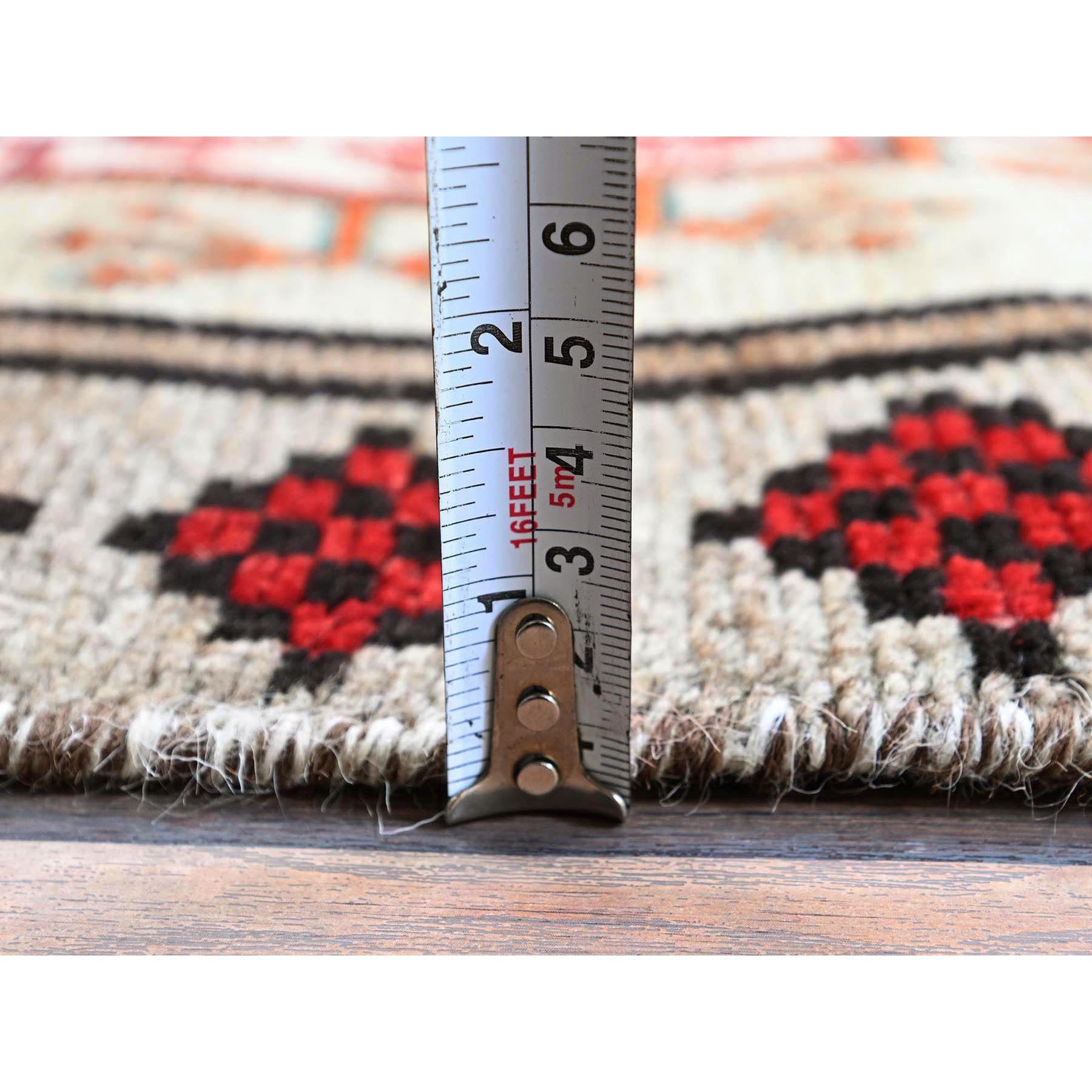 4'2"x6'7" Vintage Persian Shiraz with Rare Ivory Color Background, Geometric Pattern, Hand Knotted, Pure Wool, Shaved Down, Zero Pile, Sides and Ends Professionally Secured, Clean, Oriental Rug Sh849