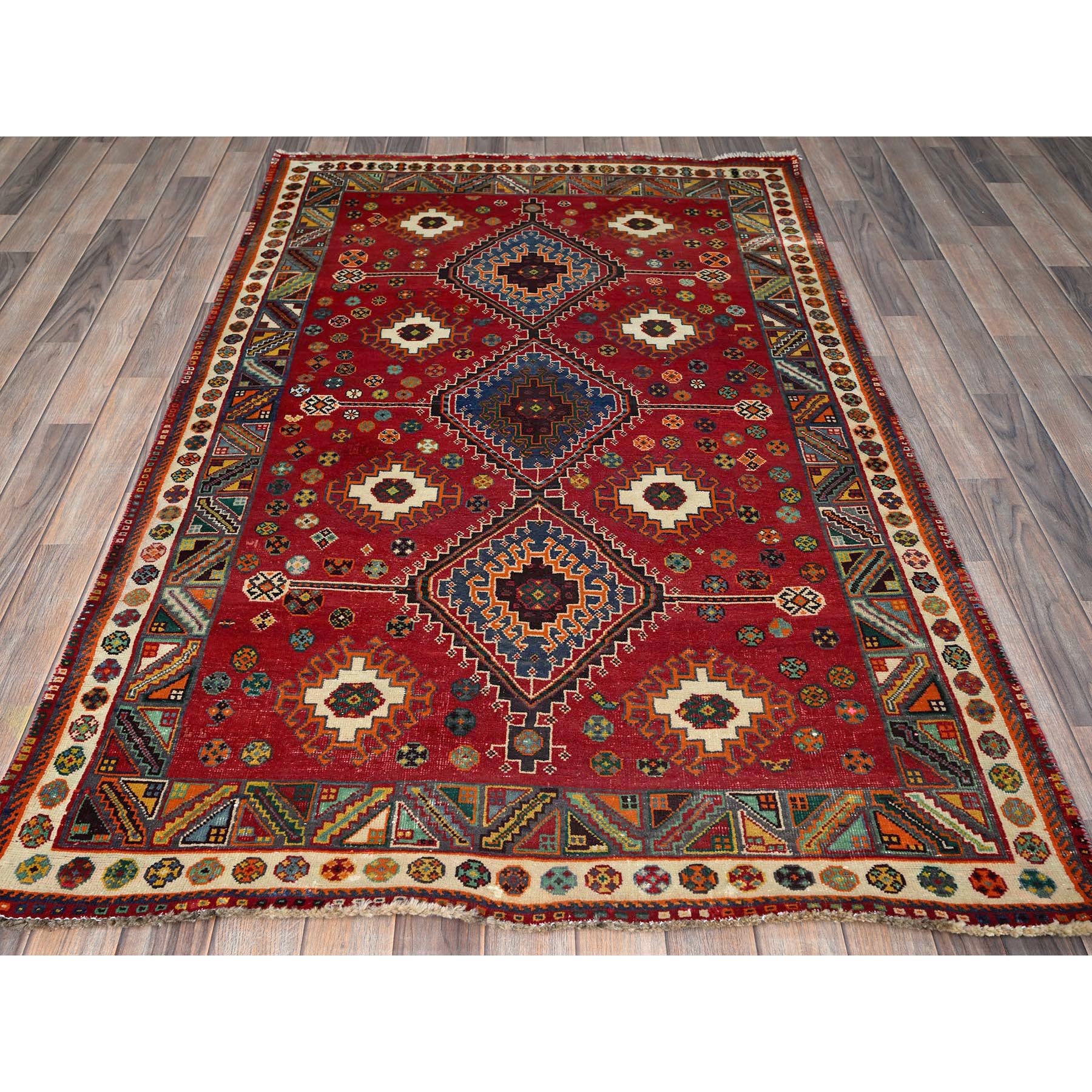 4'1"x6'6" Scarlet Red, Vintage Persian Shiraz with Geometric Medallion Design, Sheared Low, Zero Pile, Sides and Ends Professionally Secured, Clean, Hand Knotted, 100% Wool, Oriental Rug Sh851