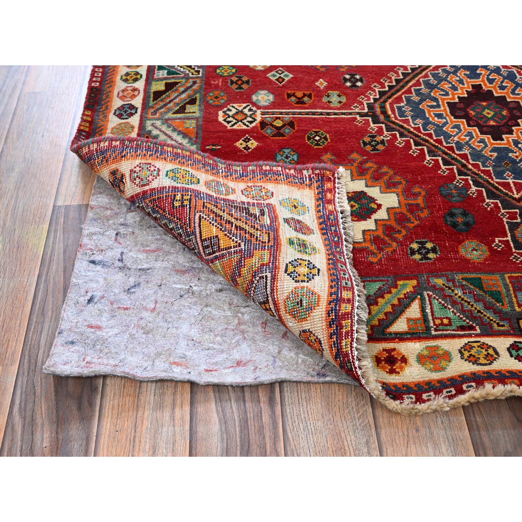 4'1"x6'6" Scarlet Red, Vintage Persian Shiraz with Geometric Medallion Design, Sheared Low, Zero Pile, Sides and Ends Professionally Secured, Clean, Hand Knotted, 100% Wool, Oriental Rug Sh851