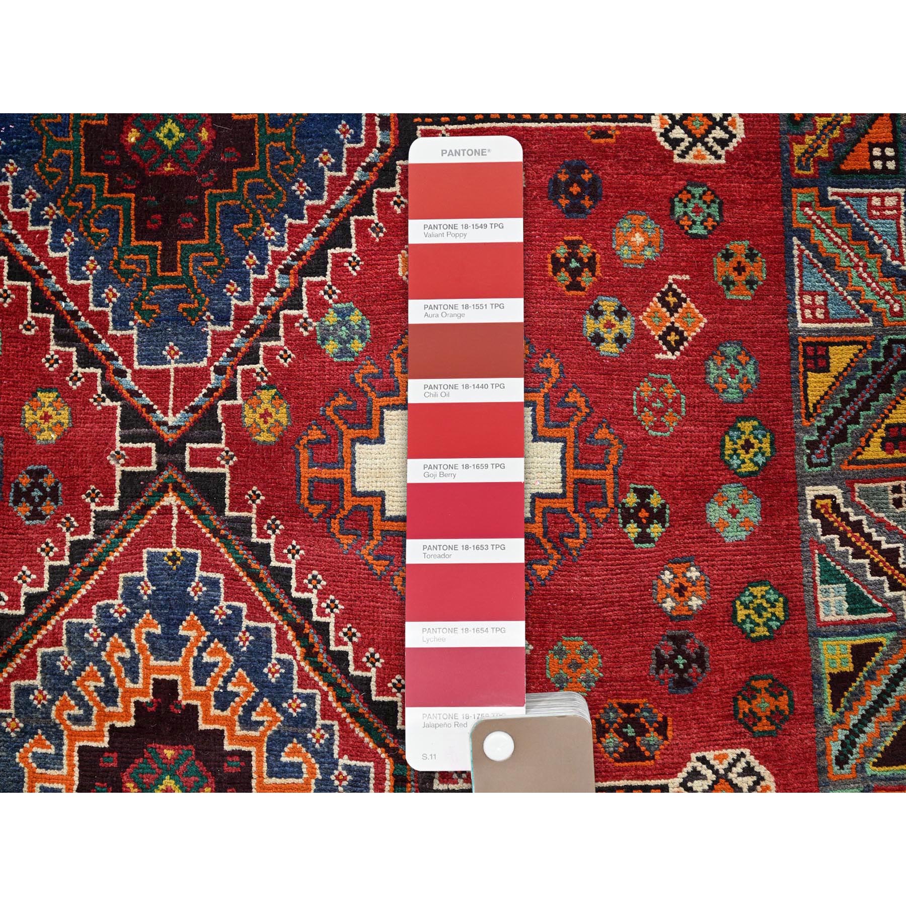 4'1"x6'6" Scarlet Red, Vintage Persian Shiraz with Geometric Medallion Design, Sheared Low, Zero Pile, Sides and Ends Professionally Secured, Clean, Hand Knotted, 100% Wool, Oriental Rug Sh851