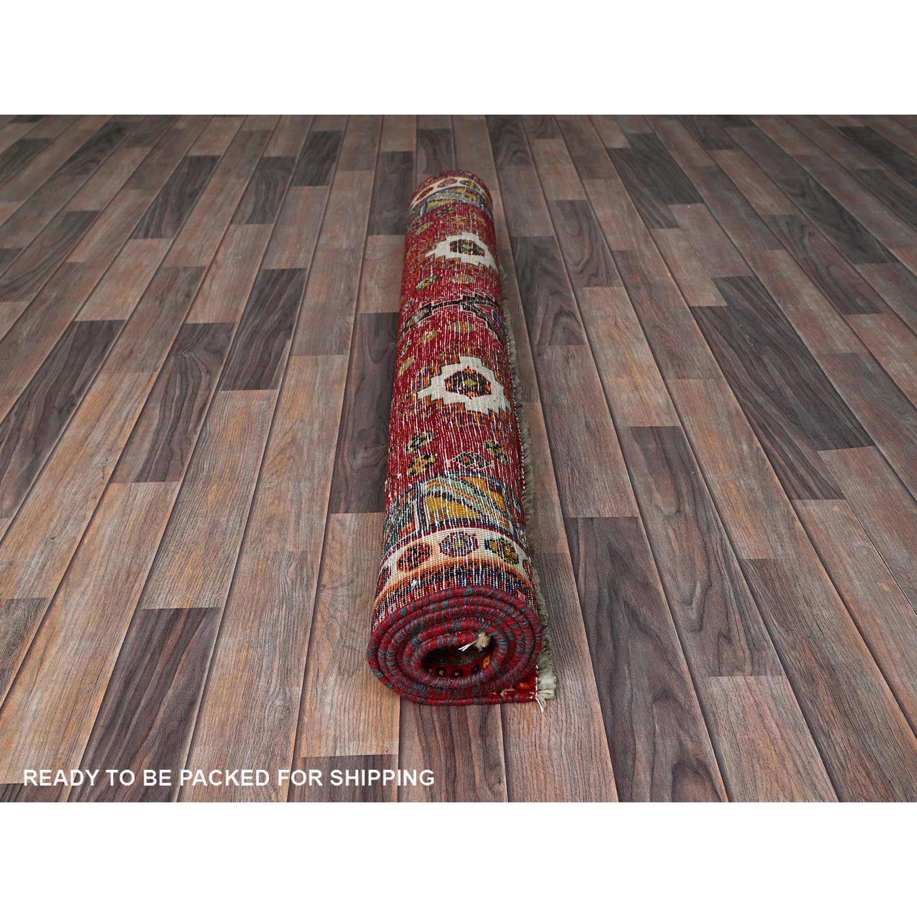 4'1"x6'6" Scarlet Red, Vintage Persian Shiraz with Geometric Medallion Design, Sheared Low, Zero Pile, Sides and Ends Professionally Secured, Clean, Hand Knotted, 100% Wool, Oriental Rug Sh851