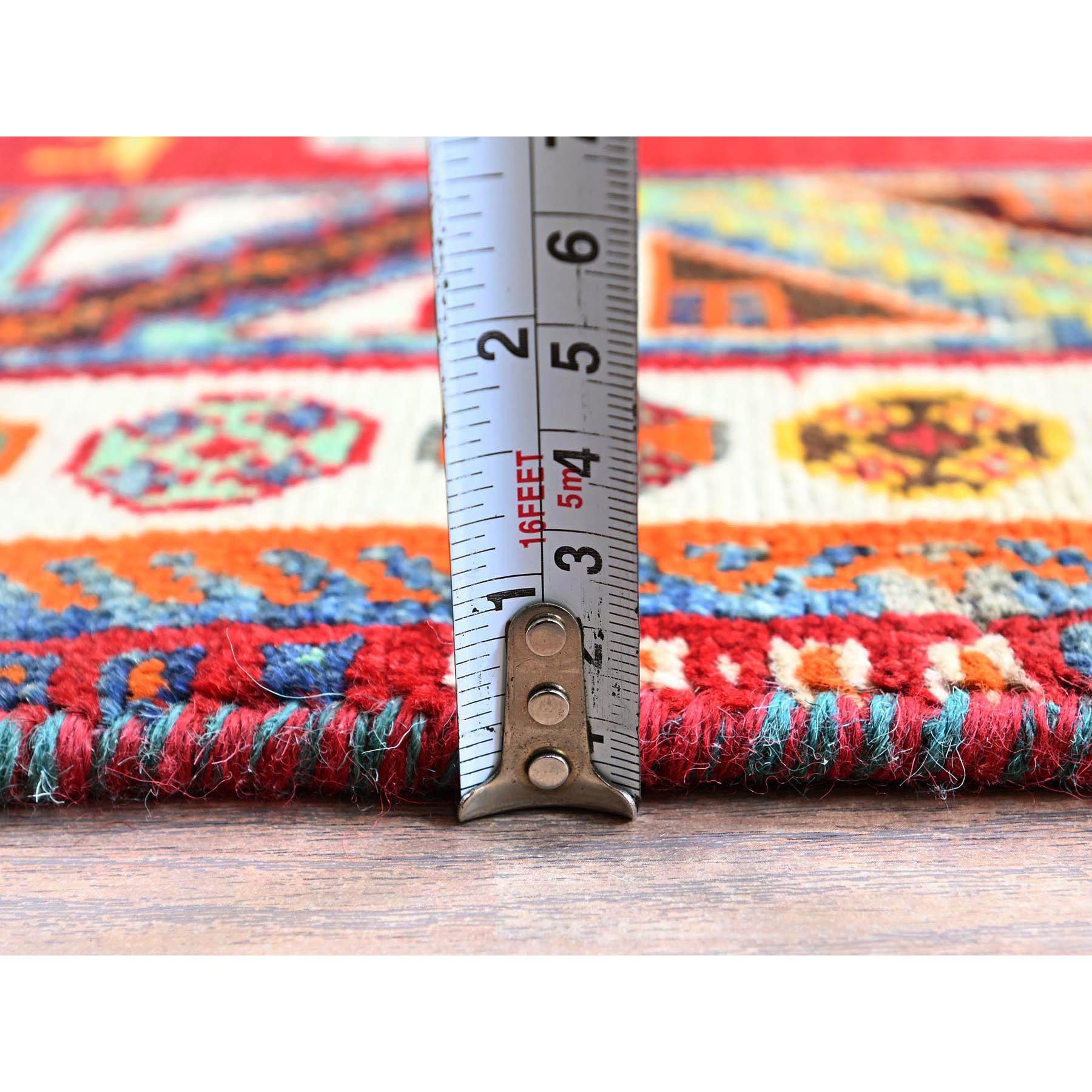 4'1"x6'6" Scarlet Red, Vintage Persian Shiraz with Geometric Medallion Design, Sheared Low, Zero Pile, Sides and Ends Professionally Secured, Clean, Hand Knotted, 100% Wool, Oriental Rug Sh851