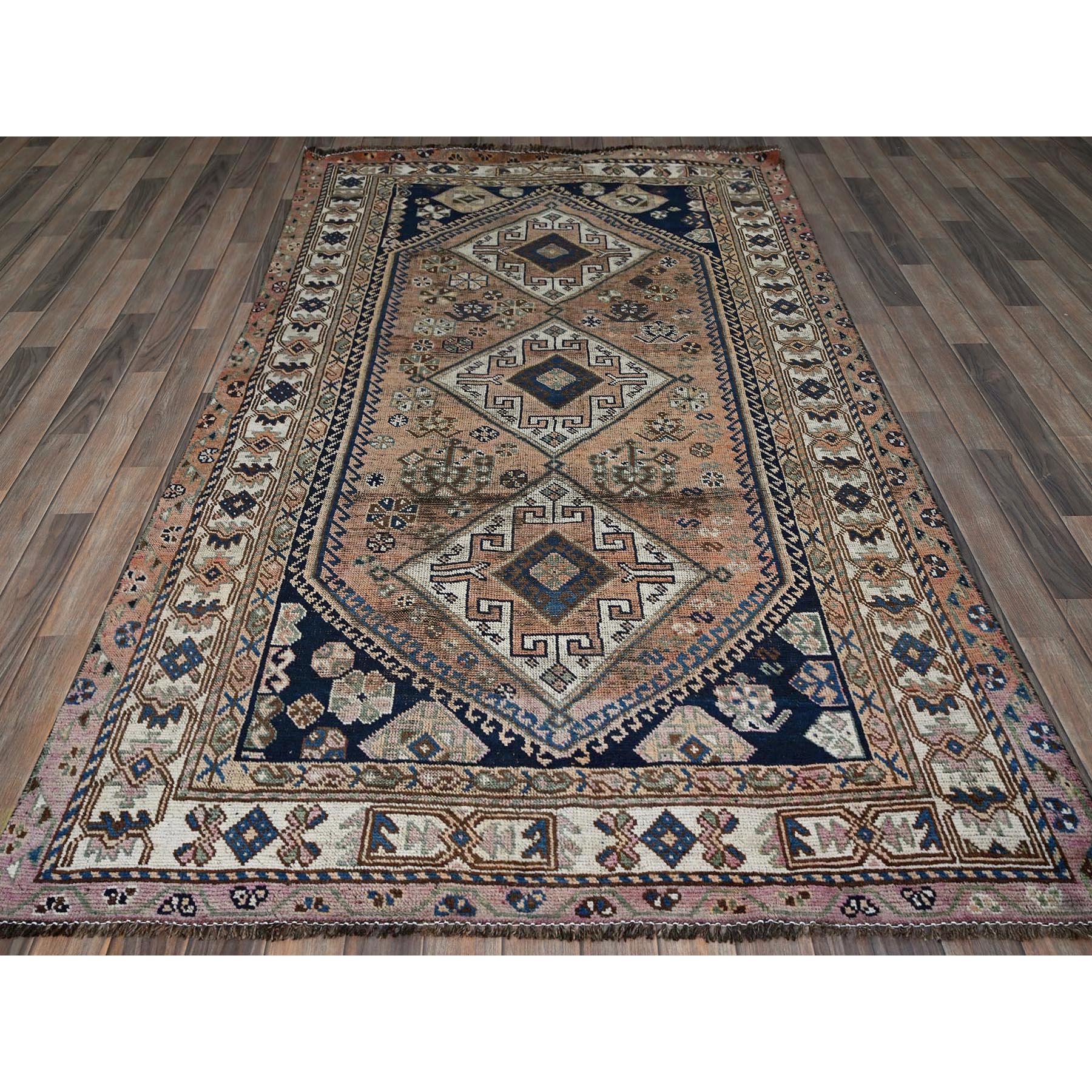 4'10"x8'1" Bisque Brown, Washed Out and Distressed, Vintage Persian Shiraz with Geometric Pattern, Shaved Low, Zero Pile, Sides and Ends Professionally Secured, Clean, Hand Knotted, 100% Wool, Oriental Rug Sh852
