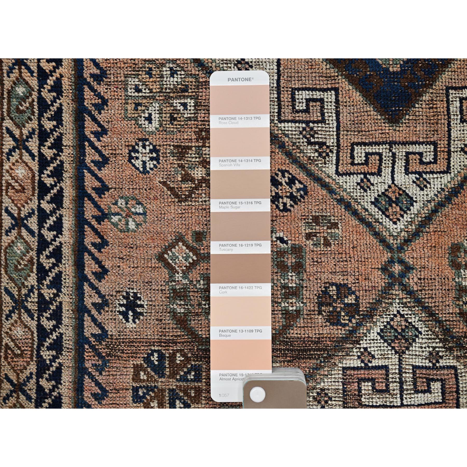4'10"x8'1" Bisque Brown, Washed Out and Distressed, Vintage Persian Shiraz with Geometric Pattern, Shaved Low, Zero Pile, Sides and Ends Professionally Secured, Clean, Hand Knotted, 100% Wool, Oriental Rug Sh852