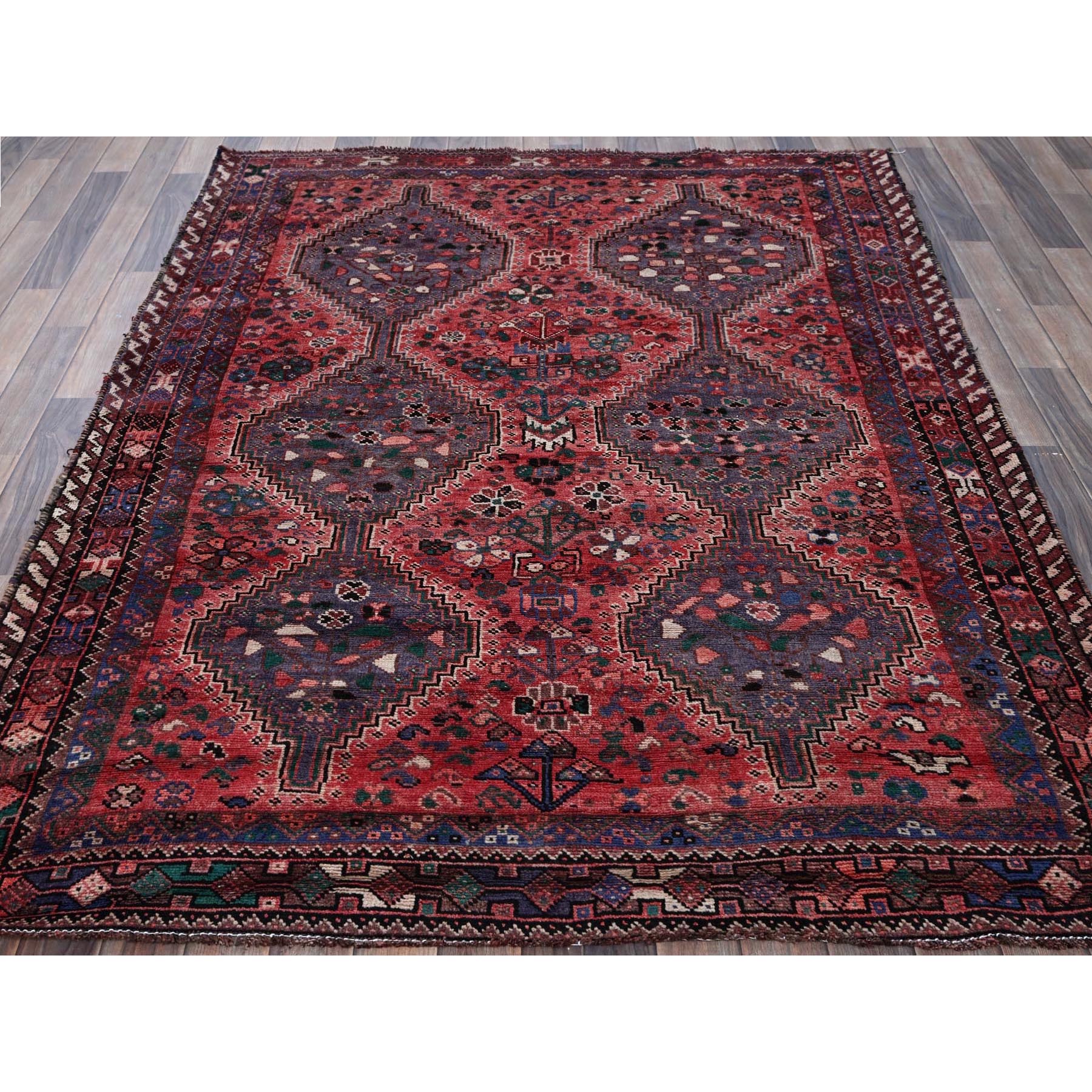 5'4"x7'2" Auburn Red, Vintage Persian Shiraz with Six Serrated Medallions, Shaved Down, Zero Pile, Sides and Ends Professionally Secured, Clean, Hand Knotted, 100% Wool, Oriental Rug Sh853