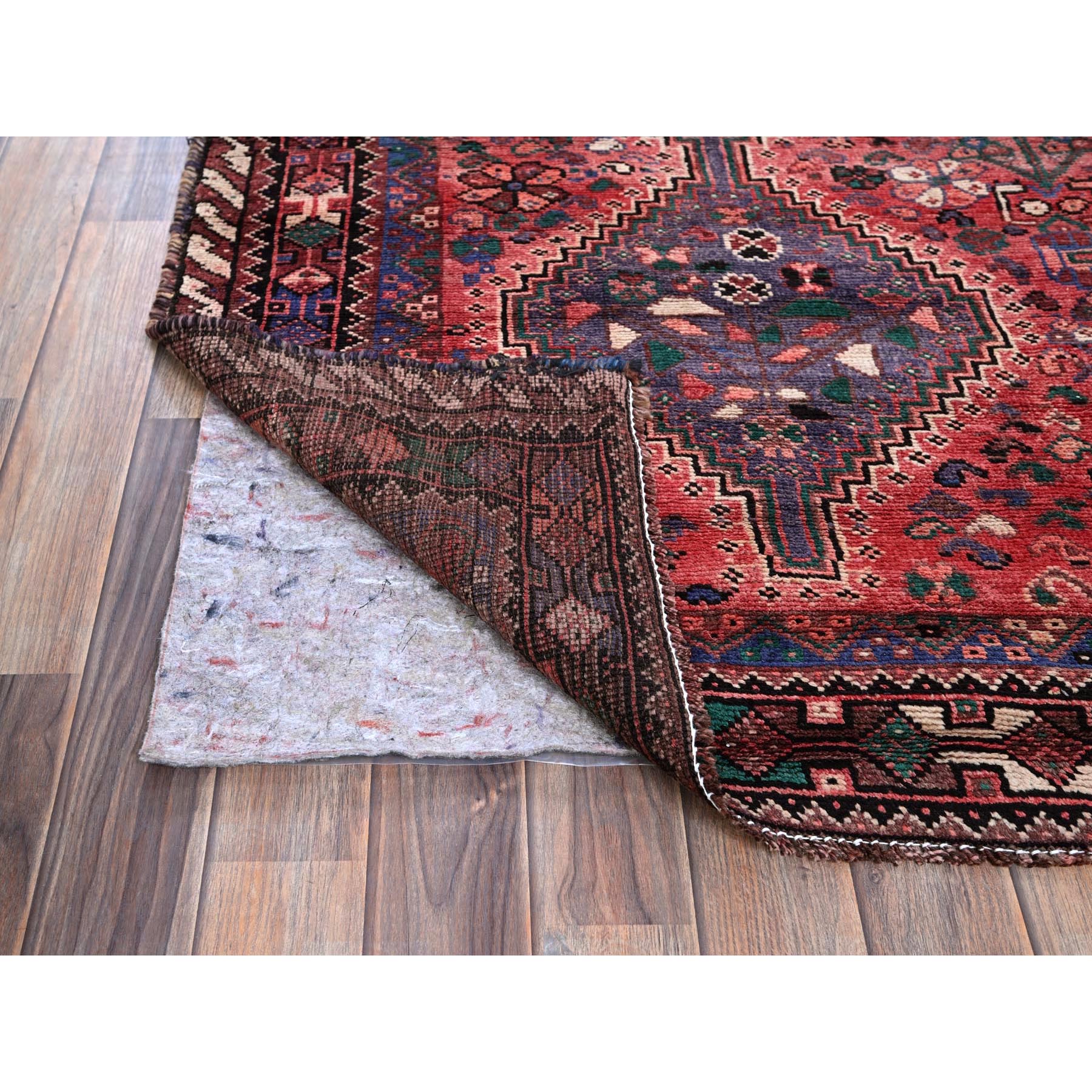 5'4"x7'2" Auburn Red, Vintage Persian Shiraz with Six Serrated Medallions, Shaved Down, Zero Pile, Sides and Ends Professionally Secured, Clean, Hand Knotted, 100% Wool, Oriental Rug Sh853