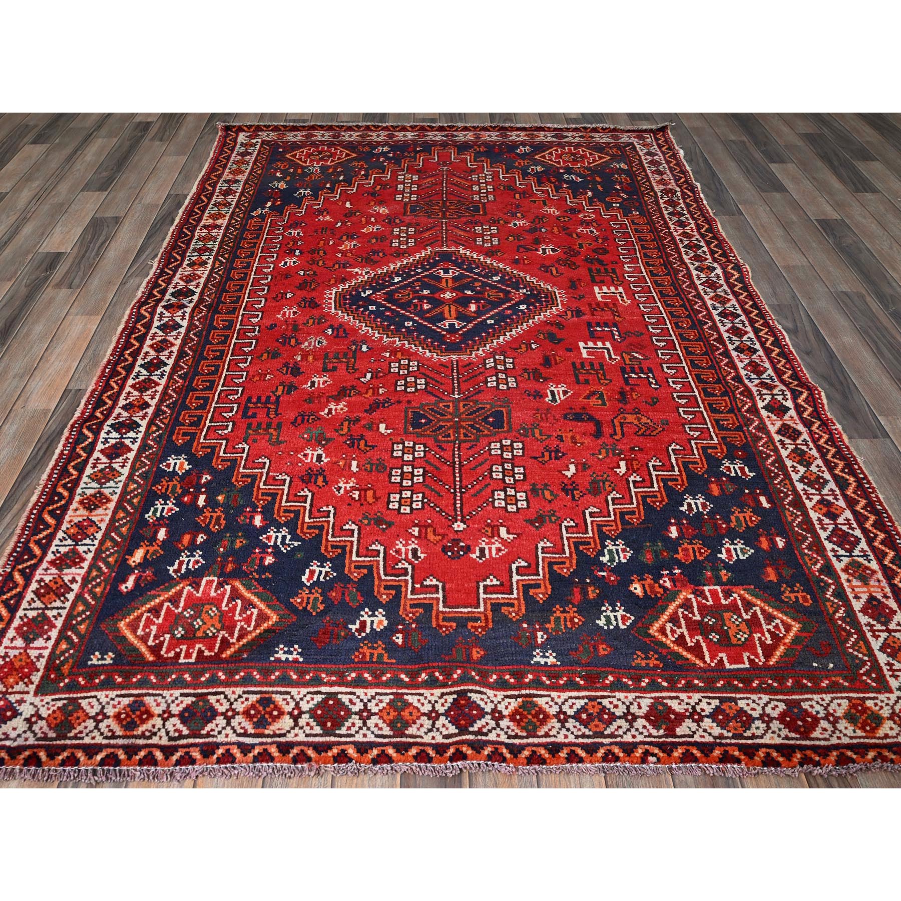 5'4"x7'9" Crimson Red, Vintage Persian Shiraz with Small Animal Figurines, Geometric Medallion, Cropped Thin, Zero Pile, Sides and Ends Professionally Secured, Clean, Hand Knotted, 100% Wool, Oriental Rug Sh854