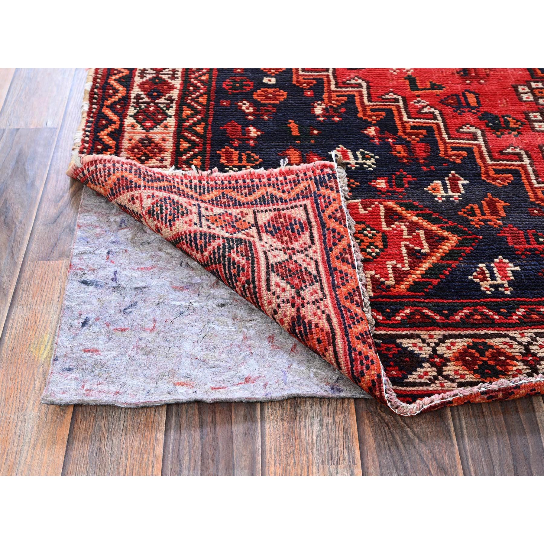 5'4"x7'9" Crimson Red, Vintage Persian Shiraz with Small Animal Figurines, Geometric Medallion, Cropped Thin, Zero Pile, Sides and Ends Professionally Secured, Clean, Hand Knotted, 100% Wool, Oriental Rug Sh854