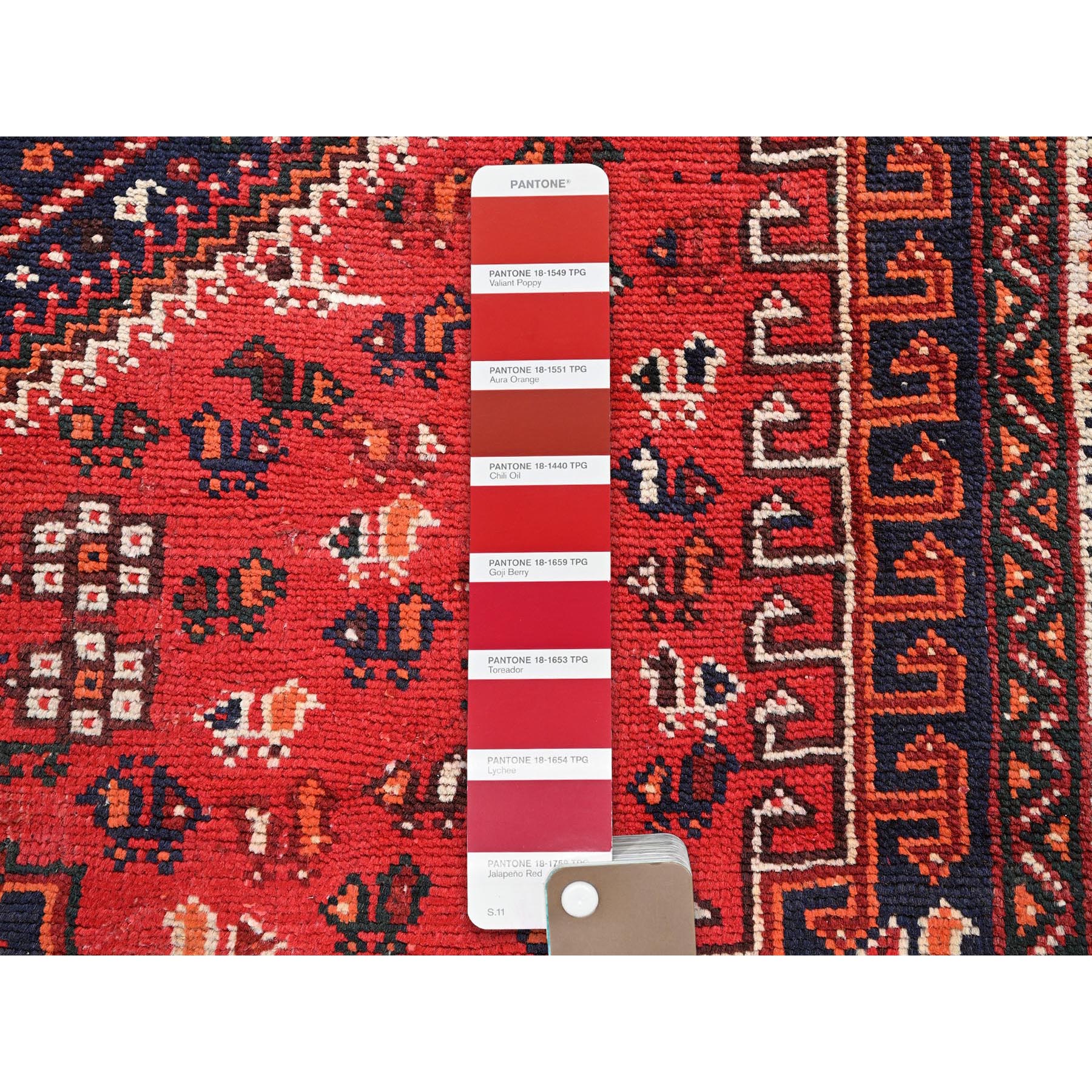 5'4"x7'9" Crimson Red, Vintage Persian Shiraz with Small Animal Figurines, Geometric Medallion, Cropped Thin, Zero Pile, Sides and Ends Professionally Secured, Clean, Hand Knotted, 100% Wool, Oriental Rug Sh854