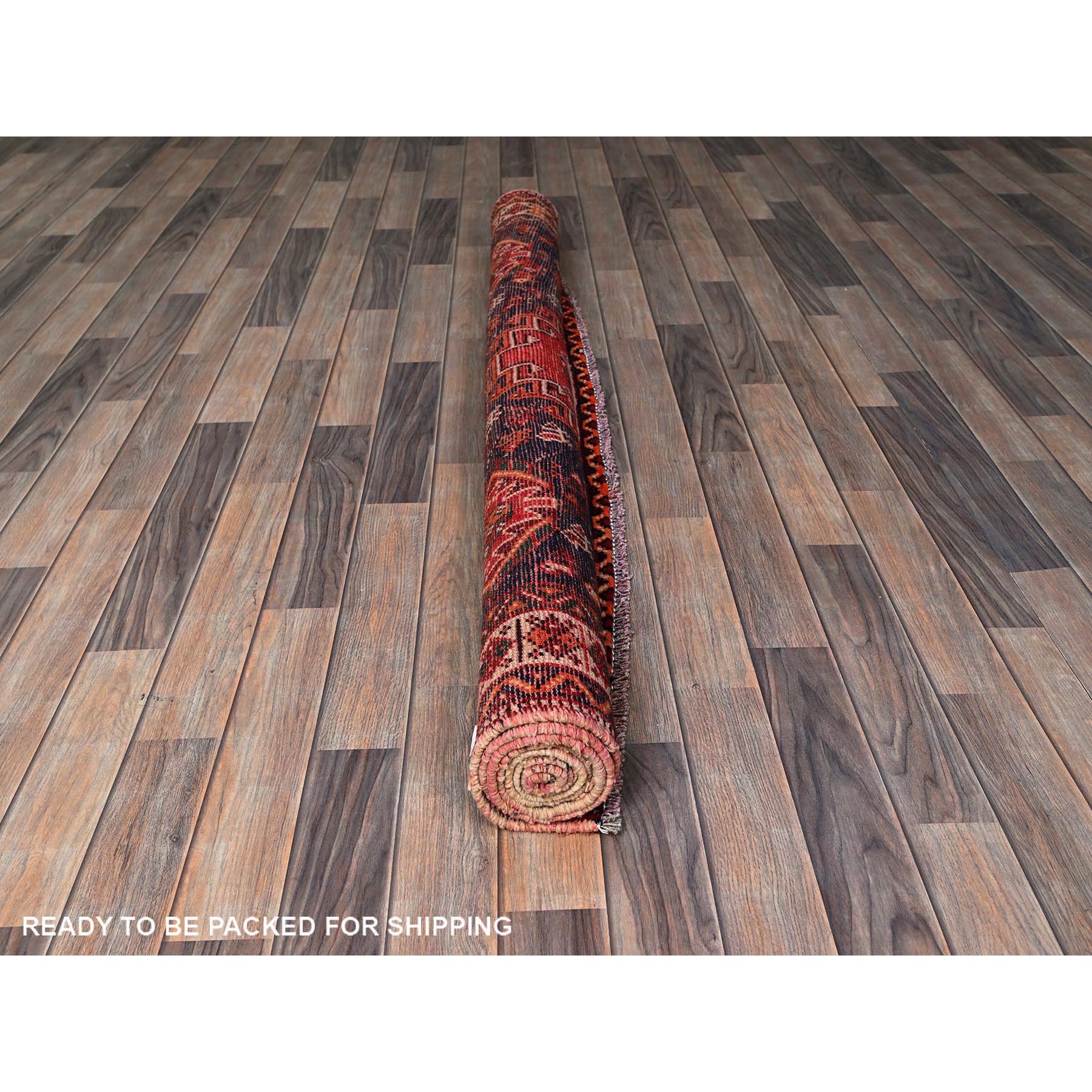 5'4"x7'9" Crimson Red, Vintage Persian Shiraz with Small Animal Figurines, Geometric Medallion, Cropped Thin, Zero Pile, Sides and Ends Professionally Secured, Clean, Hand Knotted, 100% Wool, Oriental Rug Sh854