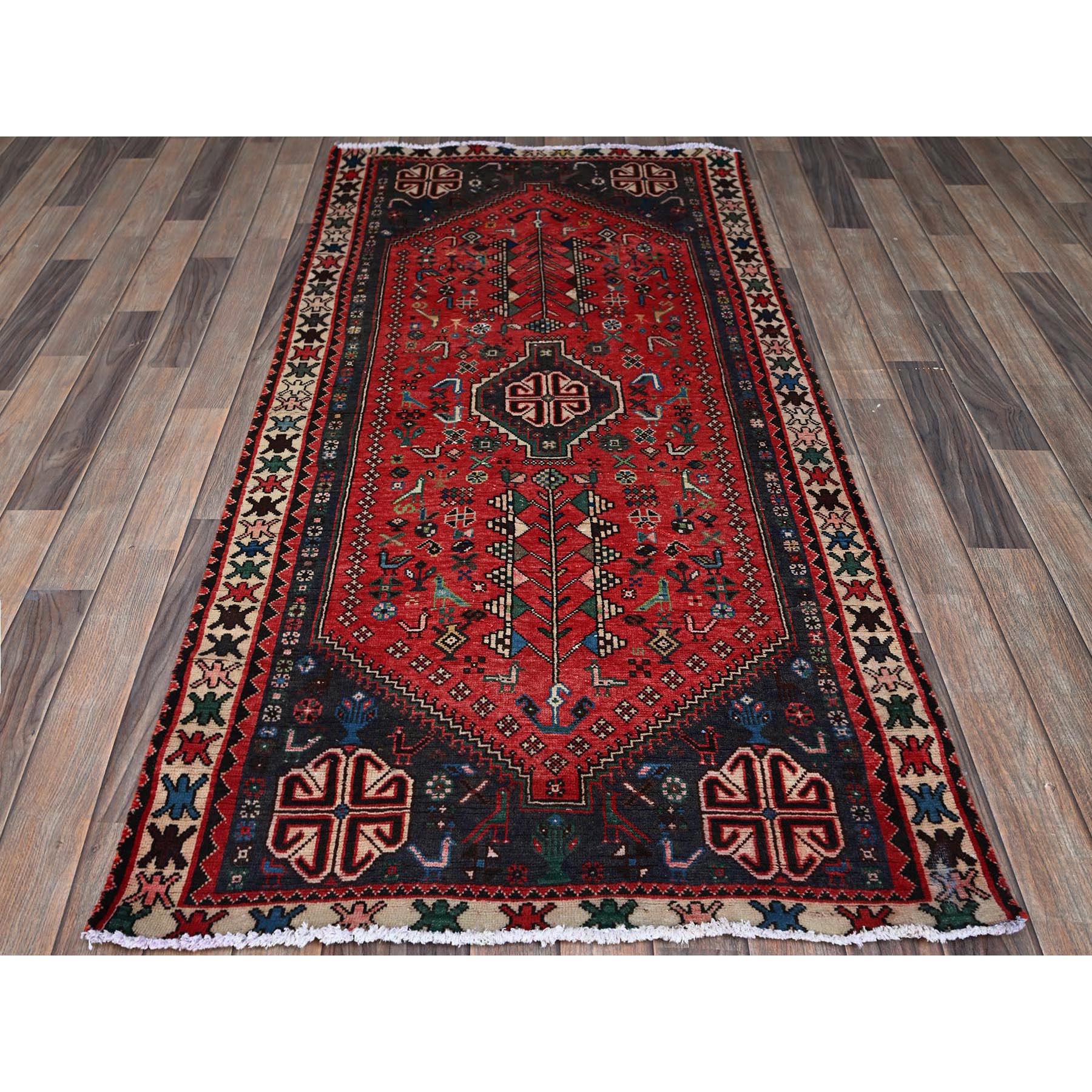 3'1"x6'5" Ajax Red, Vintage Persian Shiraz with Small Bird Figurines, Geometric Medallion Design, Shaved Down, Zero Pile, Sides and Ends Professionally Secured, Clean, Hand Knotted, 100% Wool, Wide Runner, Oriental Rug Sh855