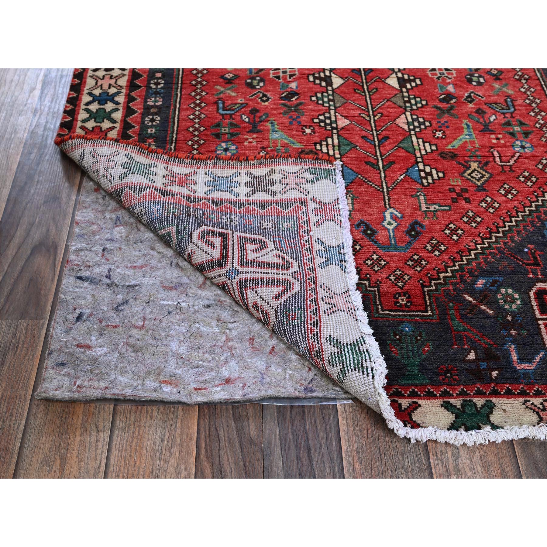 3'1"x6'5" Ajax Red, Vintage Persian Shiraz with Small Bird Figurines, Geometric Medallion Design, Shaved Down, Zero Pile, Sides and Ends Professionally Secured, Clean, Hand Knotted, 100% Wool, Wide Runner, Oriental Rug Sh855