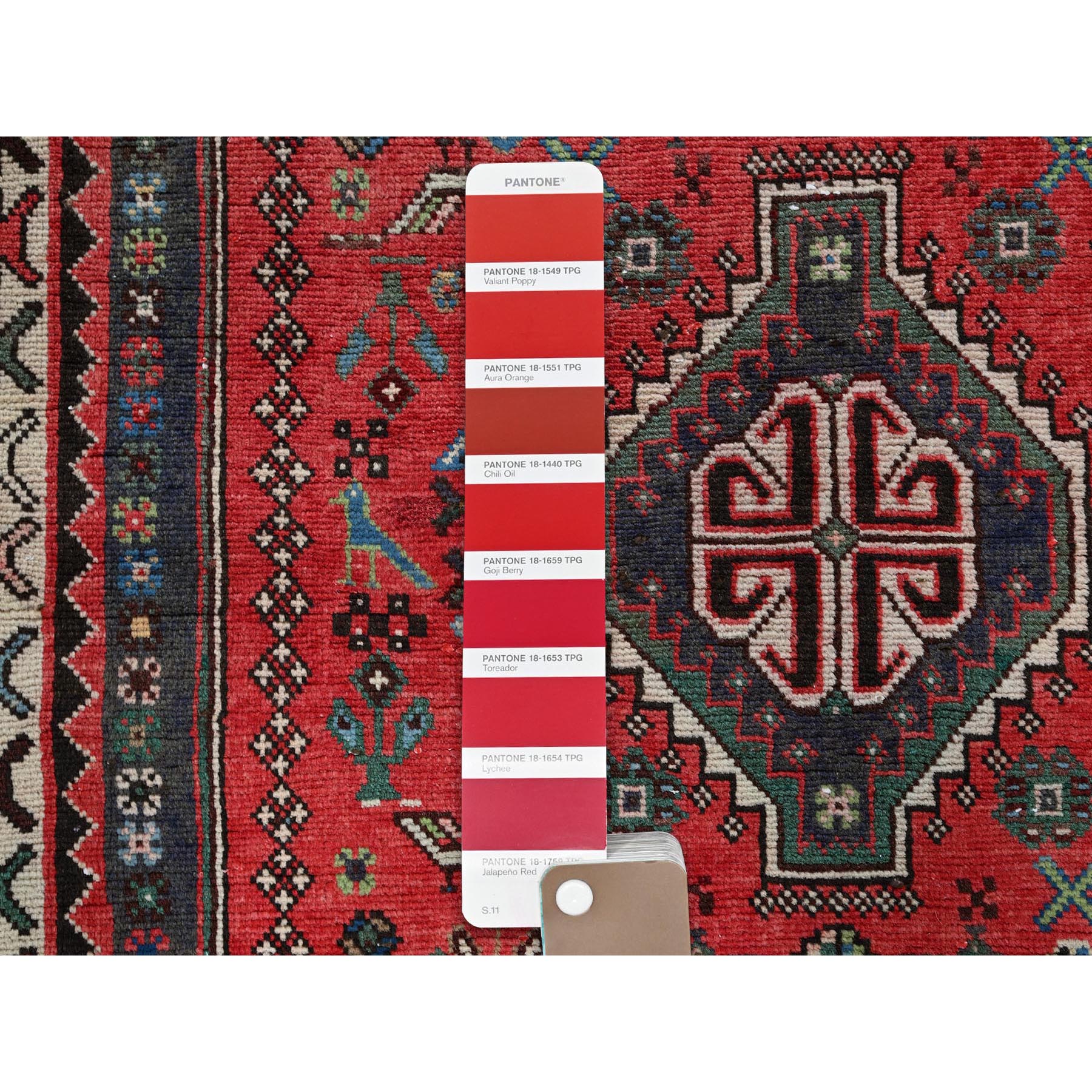 3'1"x6'5" Ajax Red, Vintage Persian Shiraz with Small Bird Figurines, Geometric Medallion Design, Shaved Down, Zero Pile, Sides and Ends Professionally Secured, Clean, Hand Knotted, 100% Wool, Wide Runner, Oriental Rug Sh855