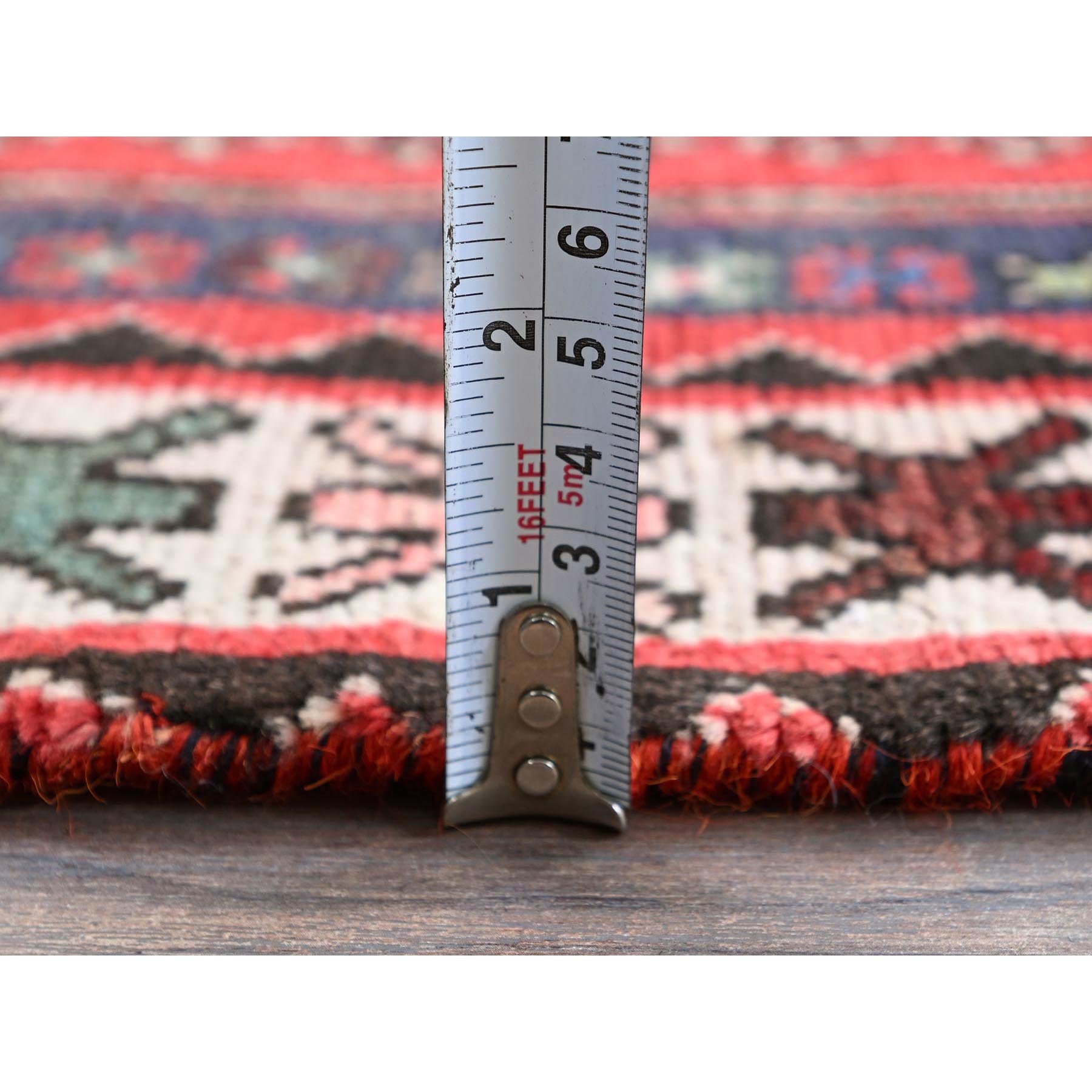 3'1"x6'5" Ajax Red, Vintage Persian Shiraz with Small Bird Figurines, Geometric Medallion Design, Shaved Down, Zero Pile, Sides and Ends Professionally Secured, Clean, Hand Knotted, 100% Wool, Wide Runner, Oriental Rug Sh855