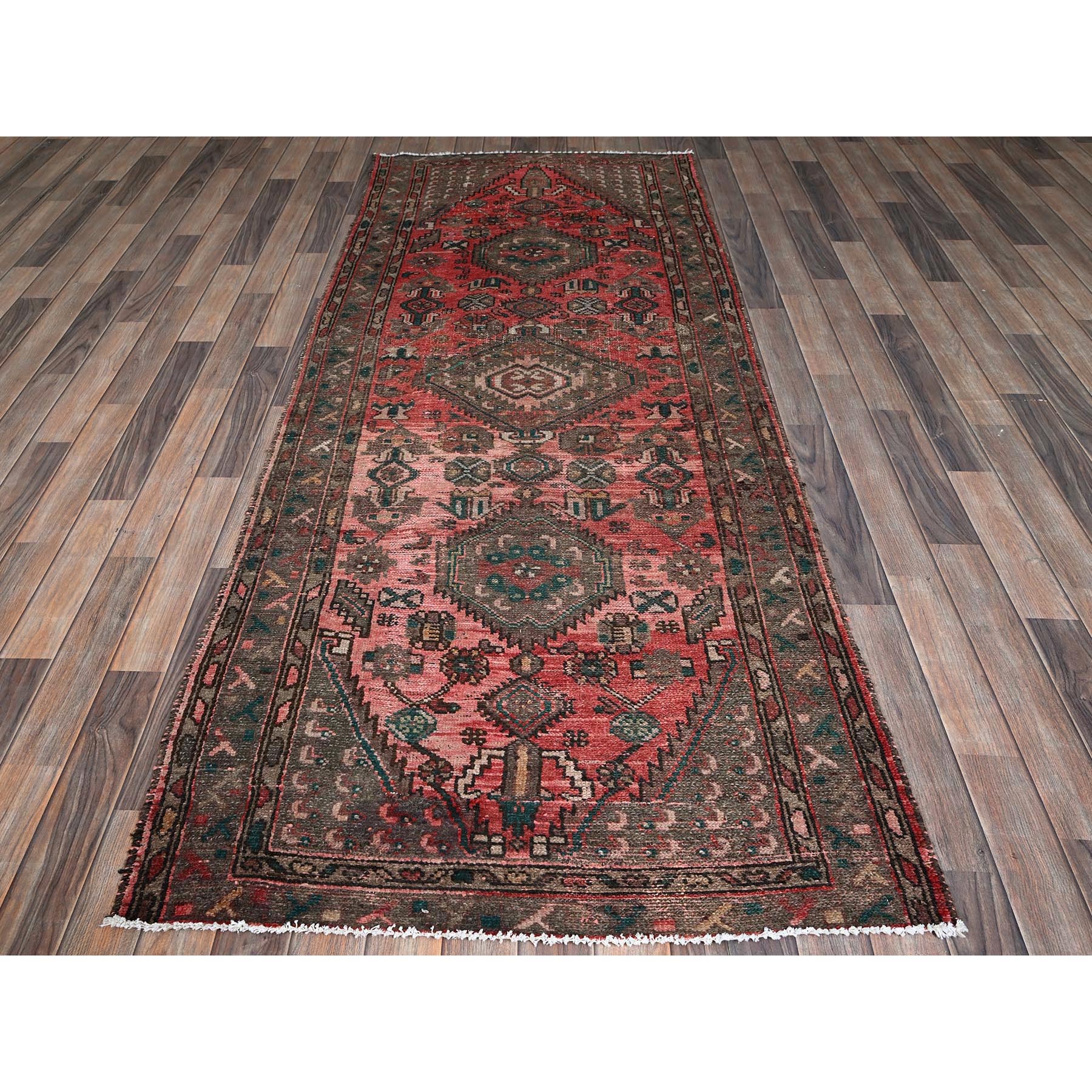 3'7"x8'6" Blush Red, Vintage Persian Shiraz with Geometric Medallion Design, Distinct Abrash, Worn and Distressed, Shaved Down, Zero Pile, Sides and Ends Professionally Secured, Clean, Hand Knotted, 100% Wool, Wide Runner, Oriental Rug Sh859