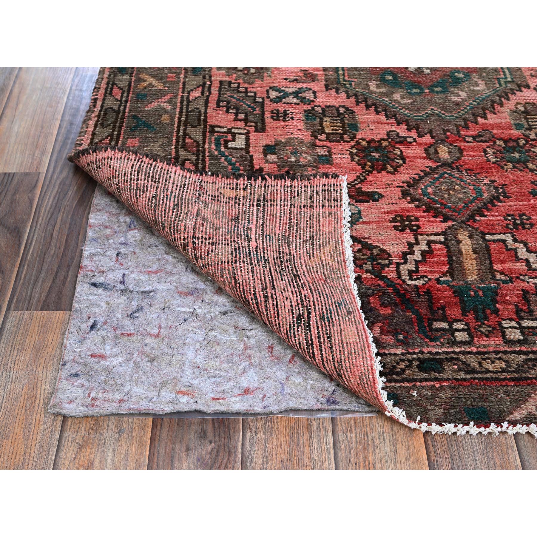 3'7"x8'6" Blush Red, Vintage Persian Shiraz with Geometric Medallion Design, Distinct Abrash, Worn and Distressed, Shaved Down, Zero Pile, Sides and Ends Professionally Secured, Clean, Hand Knotted, 100% Wool, Wide Runner, Oriental Rug Sh859