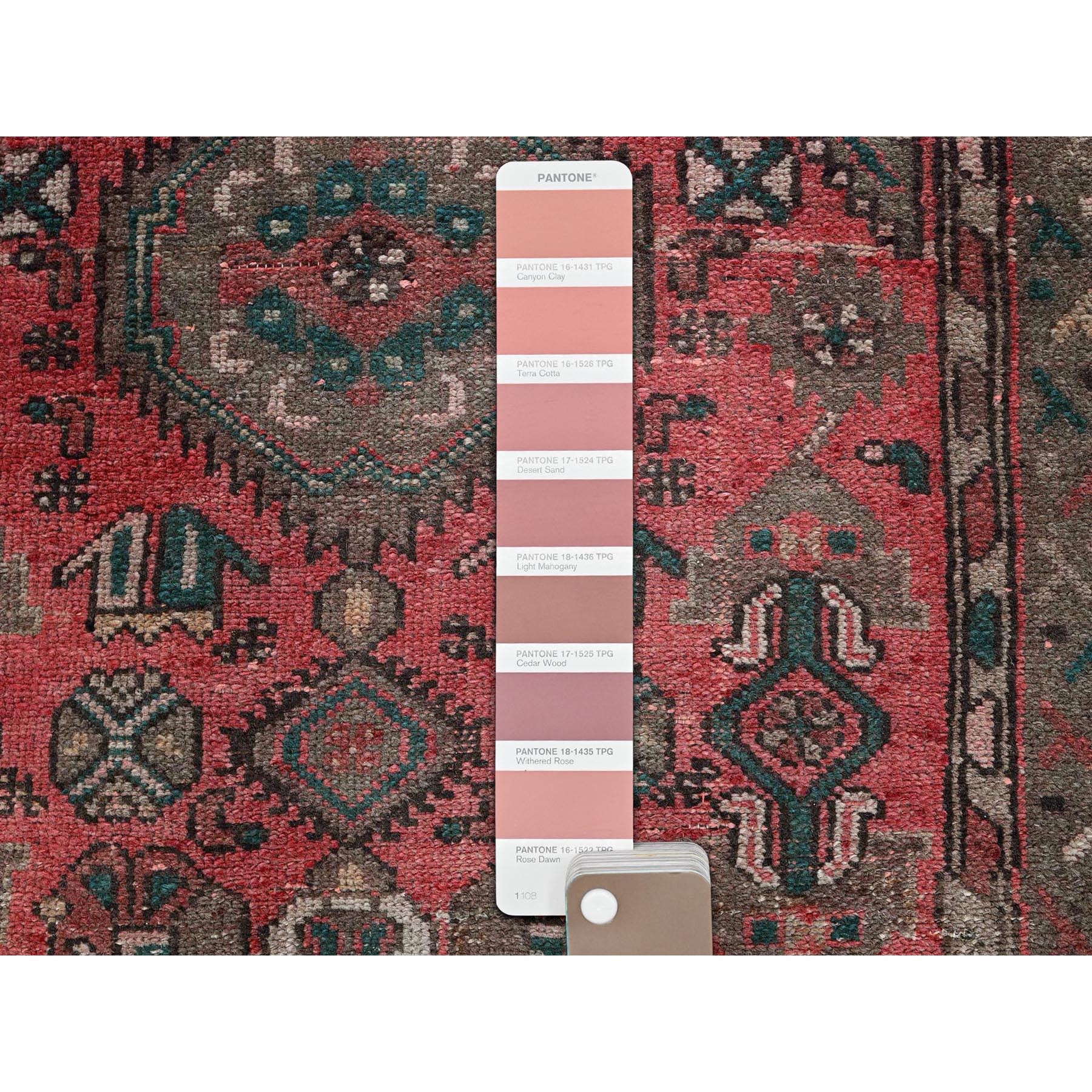 3'7"x8'6" Blush Red, Vintage Persian Shiraz with Geometric Medallion Design, Distinct Abrash, Worn and Distressed, Shaved Down, Zero Pile, Sides and Ends Professionally Secured, Clean, Hand Knotted, 100% Wool, Wide Runner, Oriental Rug Sh859