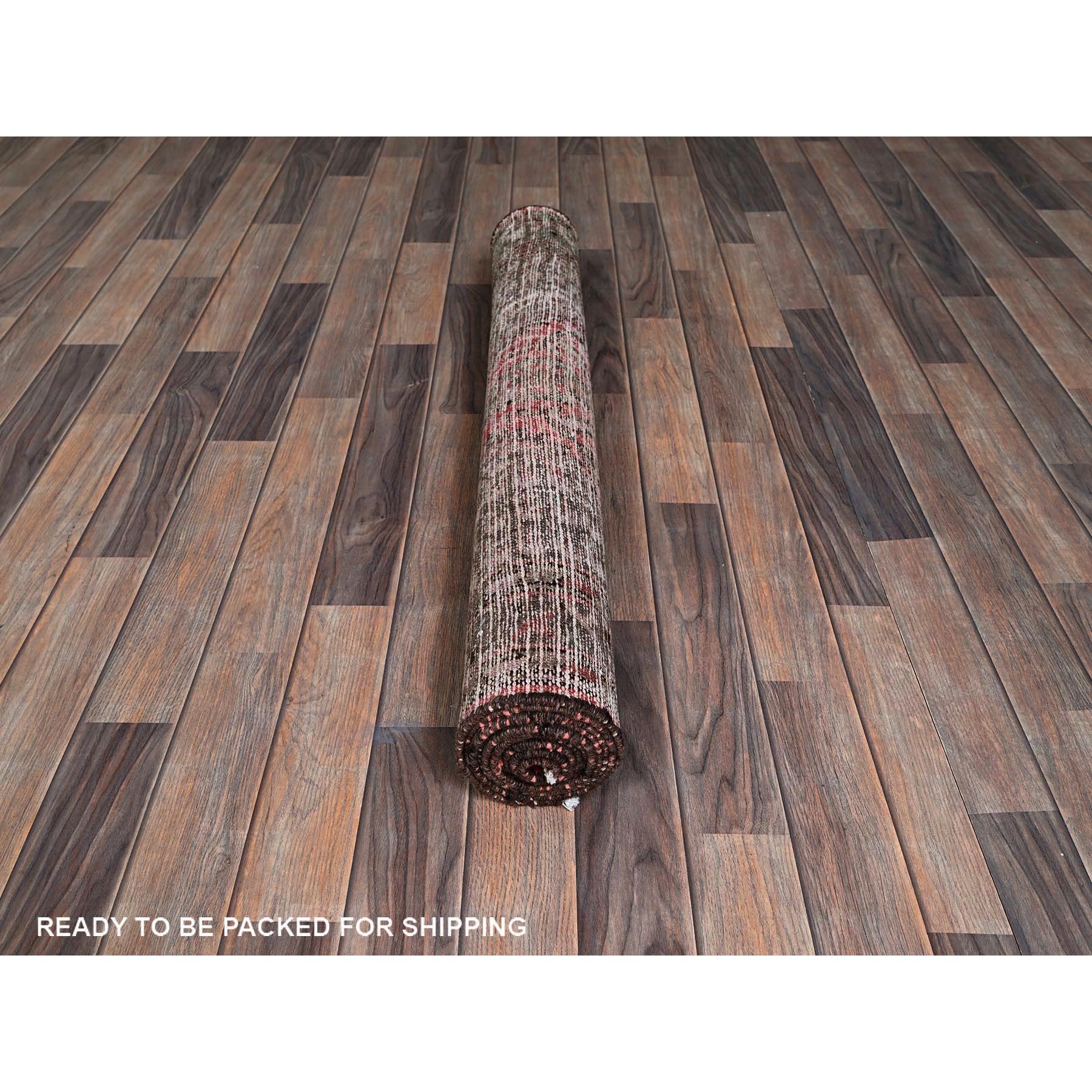 3'7"x8'6" Blush Red, Vintage Persian Shiraz with Geometric Medallion Design, Distinct Abrash, Worn and Distressed, Shaved Down, Zero Pile, Sides and Ends Professionally Secured, Clean, Hand Knotted, 100% Wool, Wide Runner, Oriental Rug Sh859