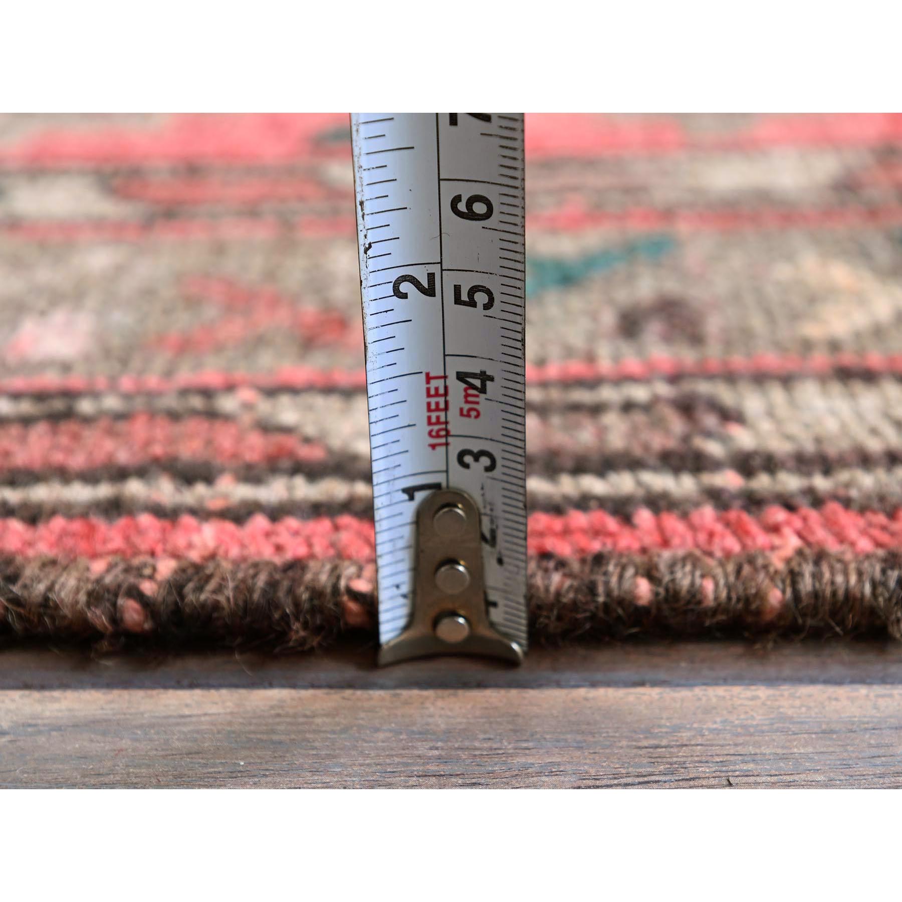 3'7"x8'6" Blush Red, Vintage Persian Shiraz with Geometric Medallion Design, Distinct Abrash, Worn and Distressed, Shaved Down, Zero Pile, Sides and Ends Professionally Secured, Clean, Hand Knotted, 100% Wool, Wide Runner, Oriental Rug Sh859