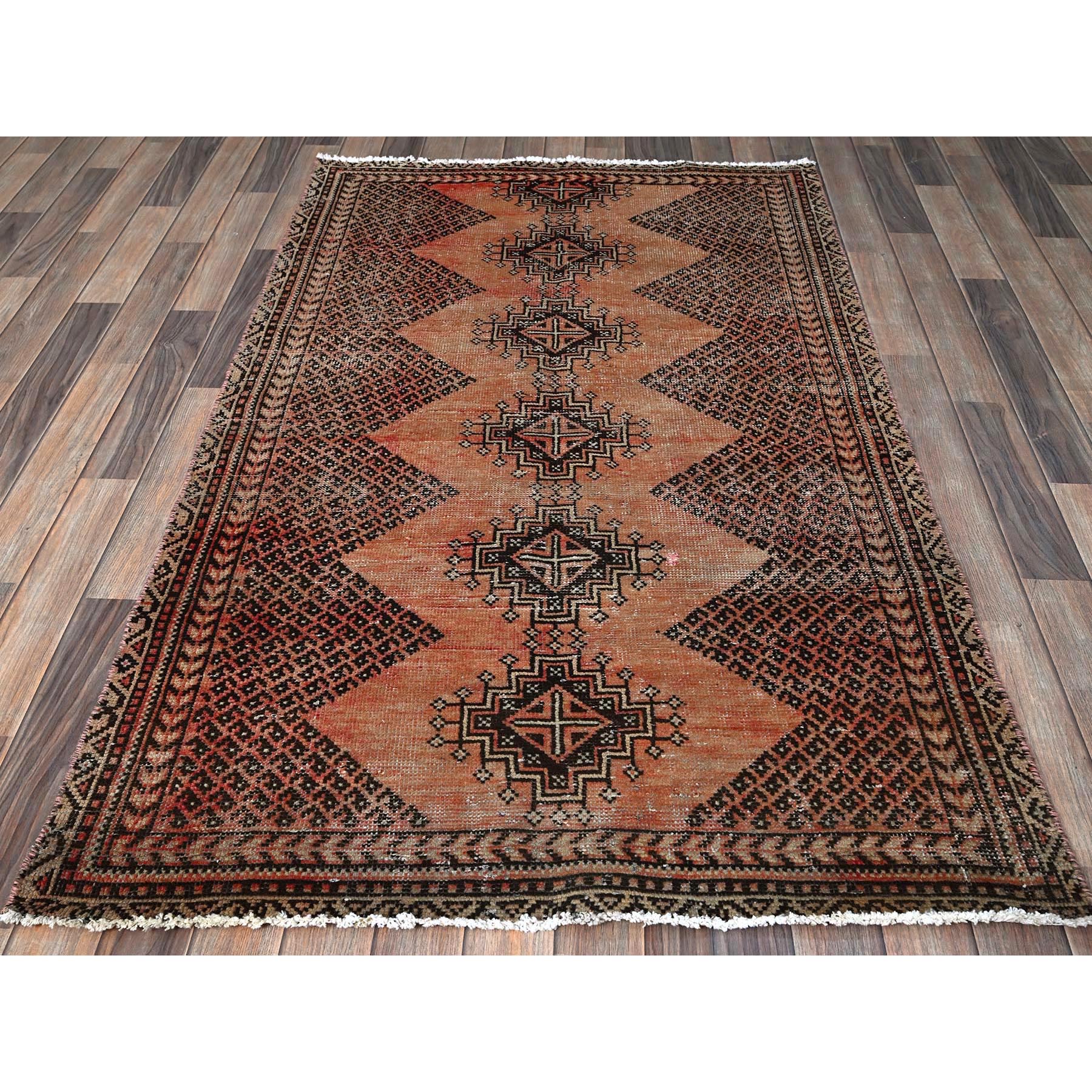 3'9"x6' Peach Color, Vintage Persian Shiraz with Intricate Paisley Design, Shaved Down, Zero Pile, Sides and Ends Professionally Secured, Clean, Hand Knotted, 100% Wool, Oriental Rug Sh860